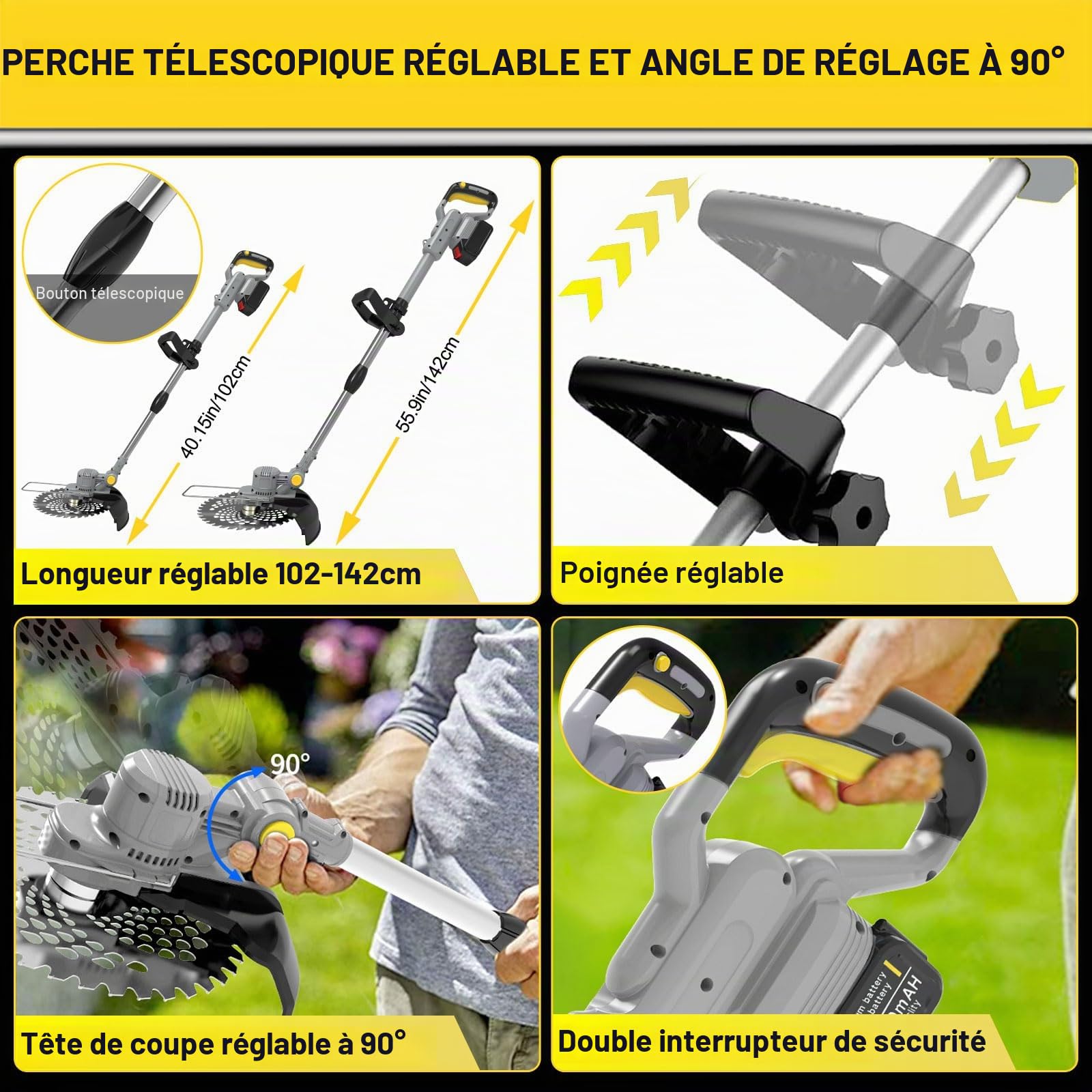 Débroussailleuse sans fil avec brosse à mauvaises herbes 21 V avec 2 batteries de 4,0 Ah et chargeur électrique sans balais 4 en 1 pour débroussailleuse télescopique réglable Gris