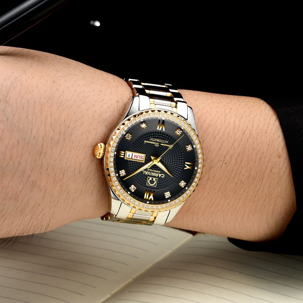 Carnaval para hombre Diamante Dial Automático Oro y Plata Sapphire resistente al agua hombres de acero inoxidable negro reloj