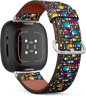 CJBROES Replacement Leather Watch Band, Compatible with Fitbit Versa 3 and Fitbit Sense of Wristband Bracelet Accessory - Rounded Squares Multicolor