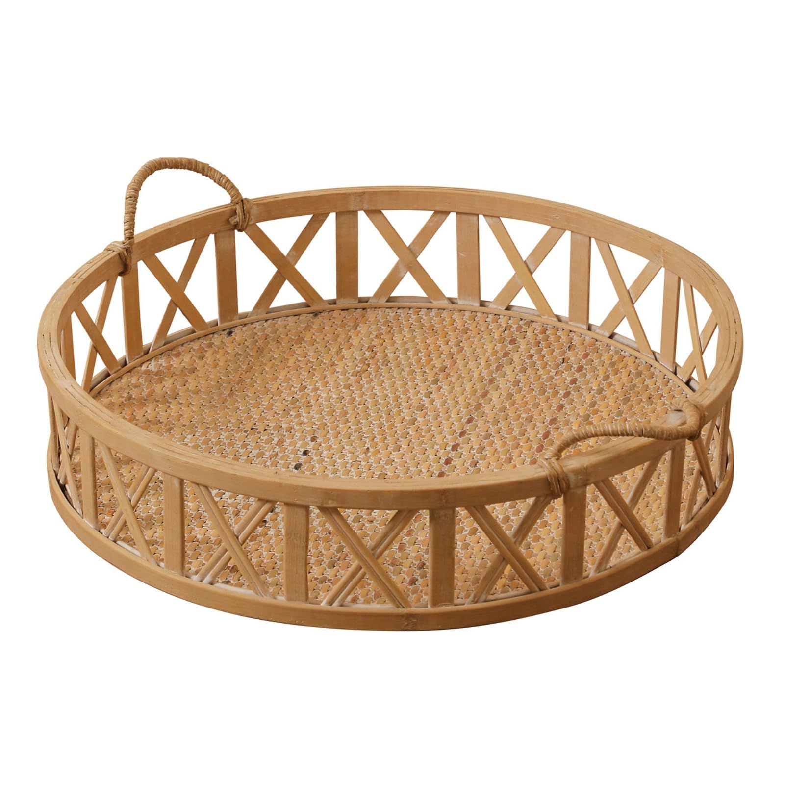 Household Solid Wood Tray,Round Hollow Decorative,Rattan Weaving Craftsmanship,Suitable for Tea Room(35x35x12cm)