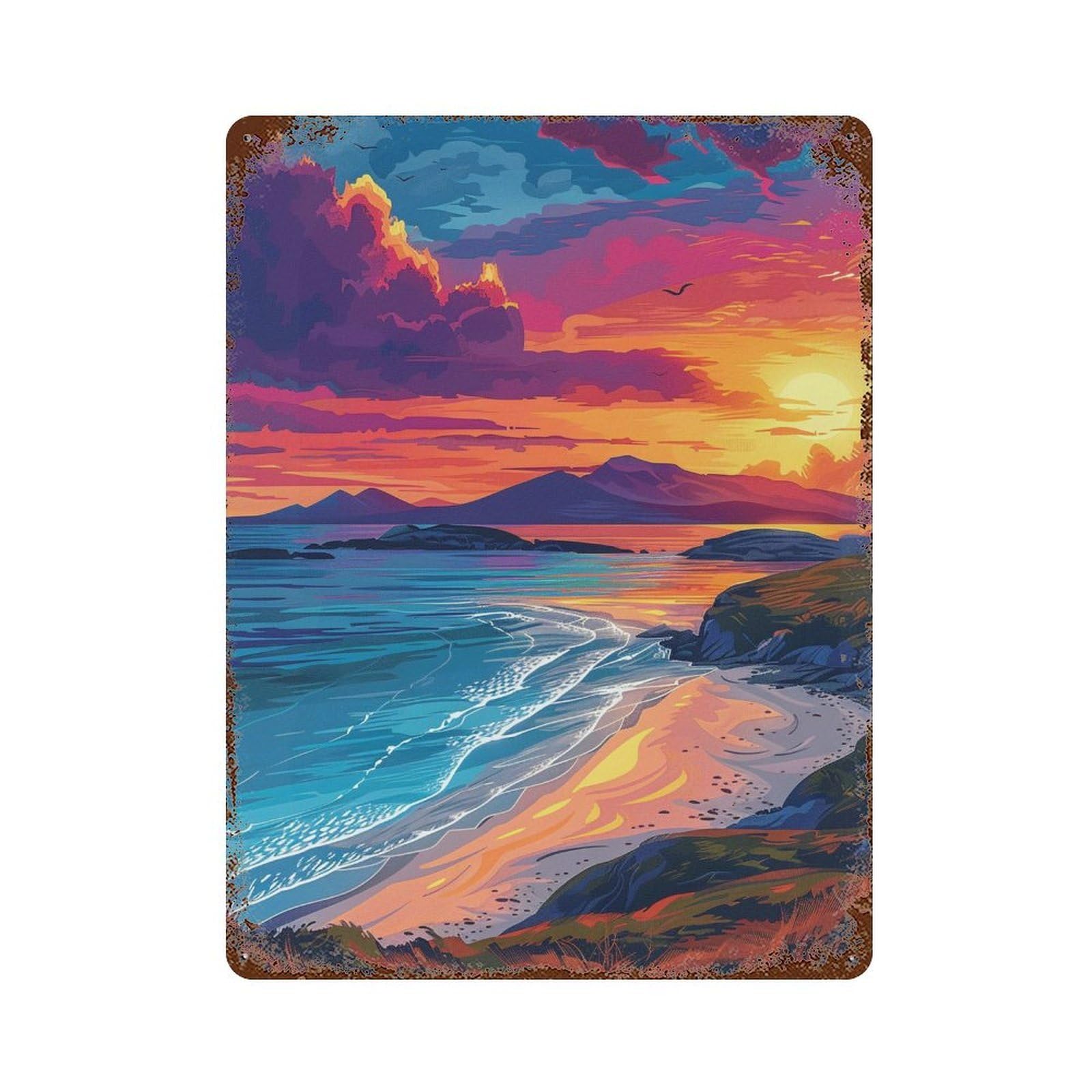 Beach Sunset Landscape Rustic Tin Plaque 15.7"x11.8", for Pub, Kitchen And Man Cave Decor, Vintage Wall Decor