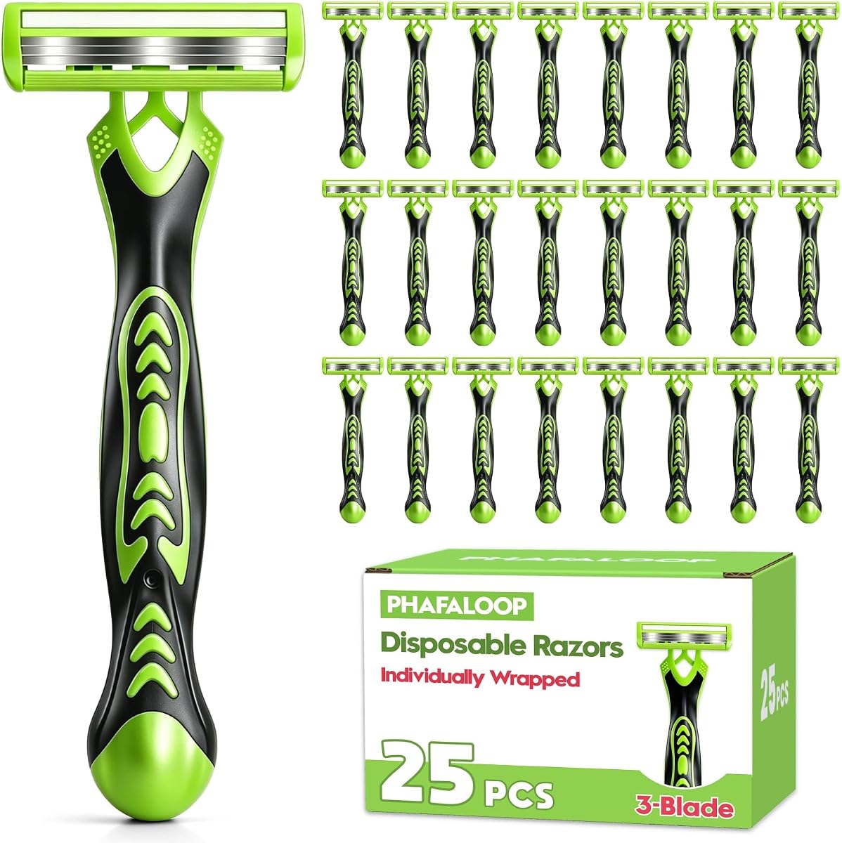 Disposable Razors for Men, 3-Blade Razors, 25 Count | individually wrapped disposable razors with lubricating strip, pivoting head and non-slip handle for sensitive skin