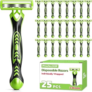 Disposable Razors for Men, 3-Blade Razors, 25 Count | individually wrapped disposable razors with lubricating strip, pivoting head and non-slip handle for sensitive skin