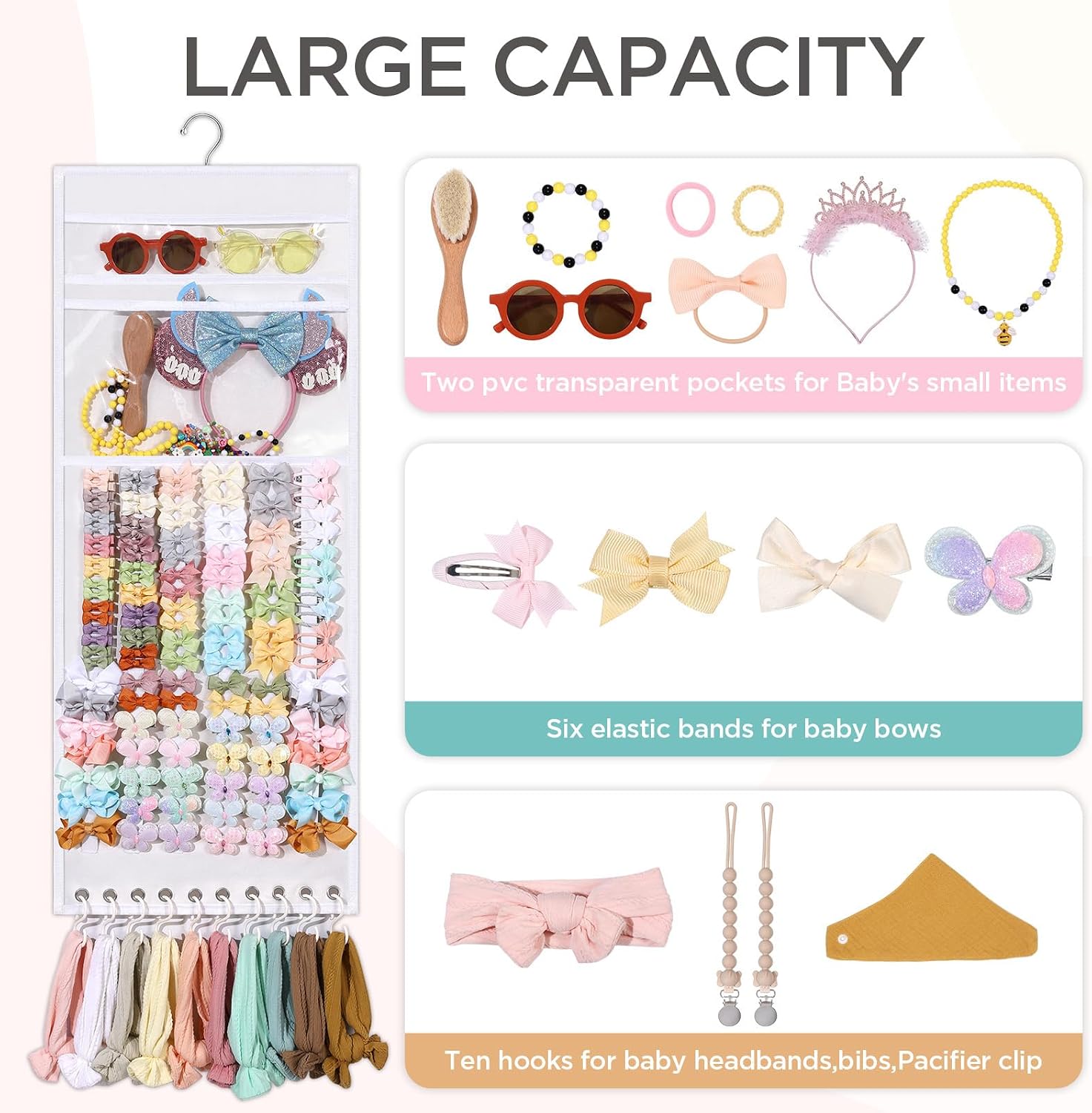 Headband Holder Hair Bows Organizer for Girls, Large Capacity Bow Hanger Hair Clip Storage, Baby Hair Accessories Organizer Display for Nursery Toddler Kids Room