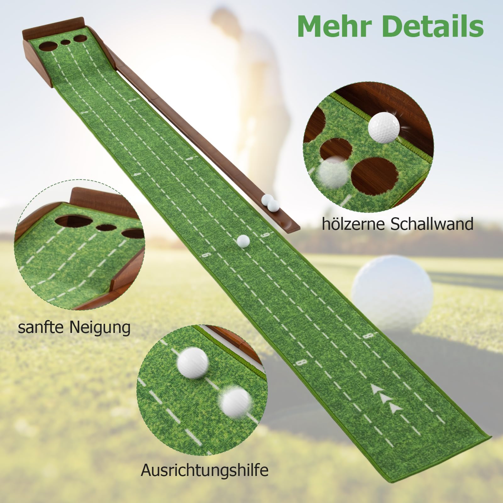 GYMAX Golf Puttingmatte mit automatischem Ballrücklaufsystem, Golf Übungsmatte mit Zielbezugslinie & Entfernungsskala, Golf Trainingsmatte für Anfänger & Profis, grün