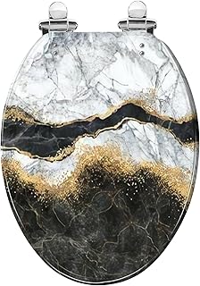 Elongated Toilet Seat abstract marbling black white marble golden veins Resin Toilet Seat with Quietly Close Quick Release Hinges Decorative Toilet Seat with Cover Easy to Install