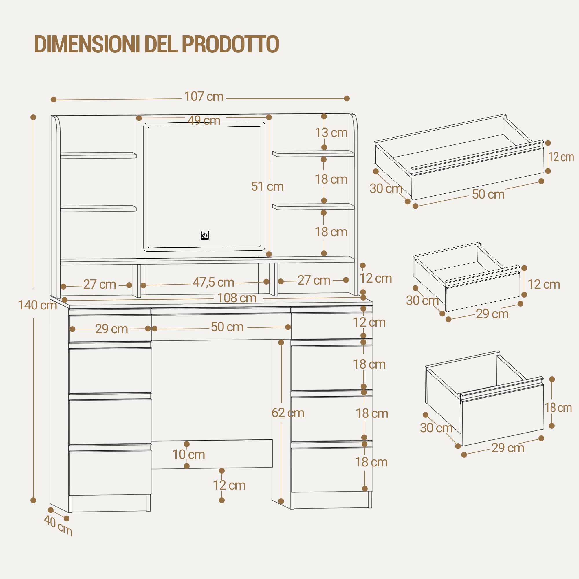 Hzuaneri Toeletta da Trucco Grande con Illuminazione a LED, 3 Colori, Luminosità Regolabile, Tavolo da Trucco con Specchio, 9 Cassetti, 9 Ripiani Aperti, Stile Moderno, Bianco-Oro DT41903X