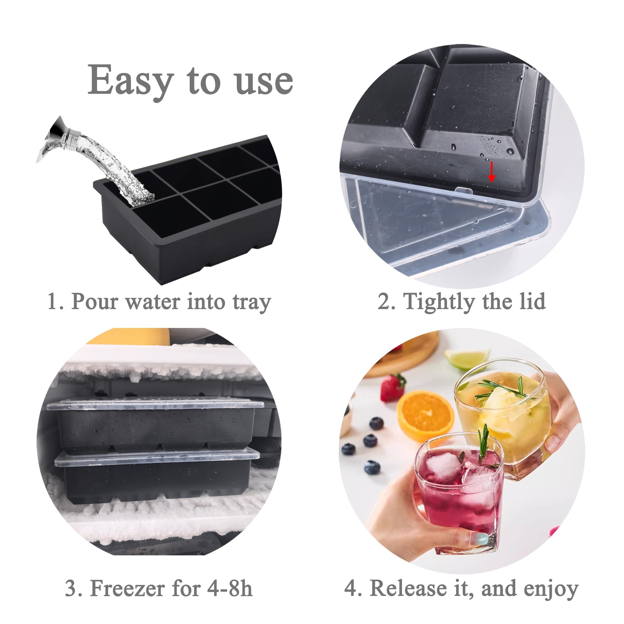 Juego de 2 bandejas para cubitos de hielo con tapa, apilables y aptos para lavavajillas, certificado LFGB y sin BPA, de silicona para cubitos de hielo para cócteles de whisky y zumos (2 unidades)