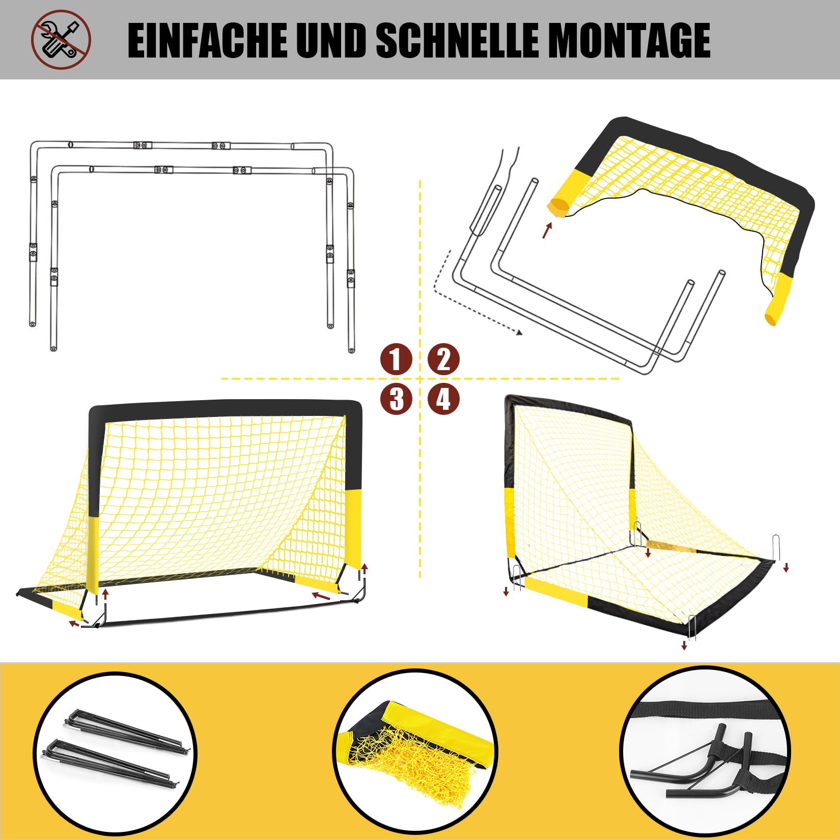 Fußballtor Garten 120x90cm, Fußballtore für Garten Training Set, Fussballtor Outdoor inkl. Fußball, Bullseye, Scheiben & Erdanker, Tolles Fußball Geschenk für Park, Strand