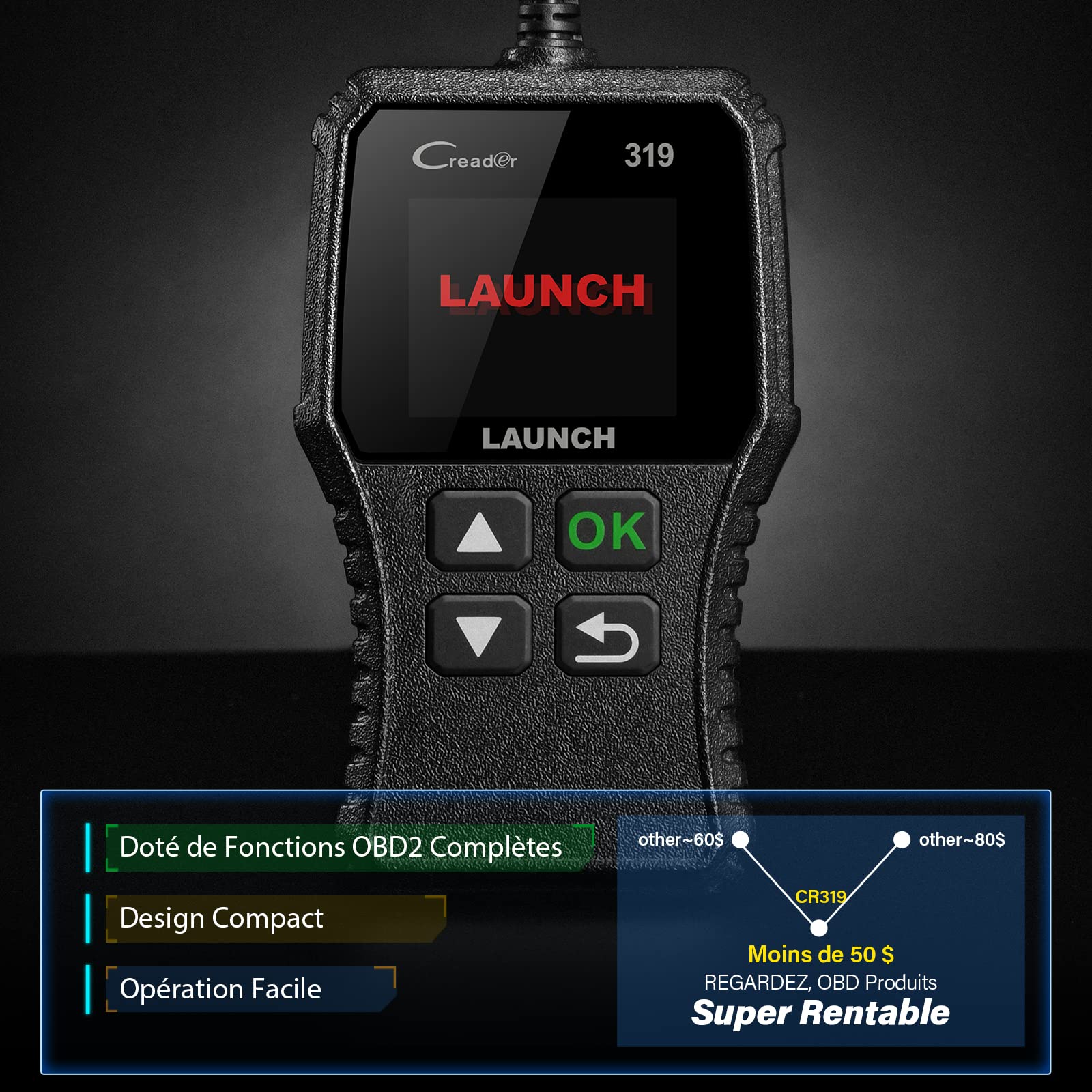 Launch CR319 OBD2 Lecteur de Code d’Erreur du Moteur avec Test d'EVAP / du Sonde O2, Outil de Diagnostic Auto avec Recherche DTC pour Effacer le Voyant MIL du Moteur