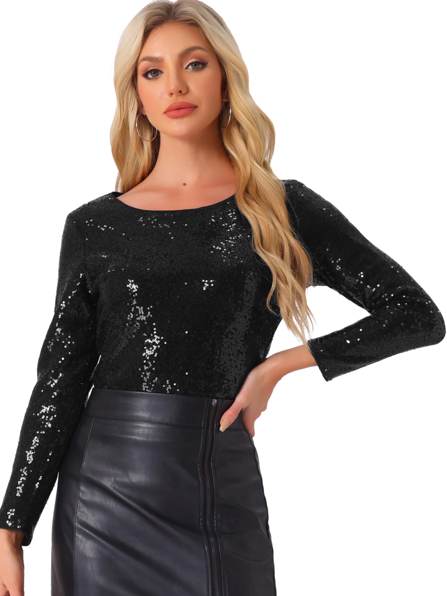 Allegra K Sequin Top for Women's Glitter Round Neck Long Sleeve Party Blouse Tops Black M