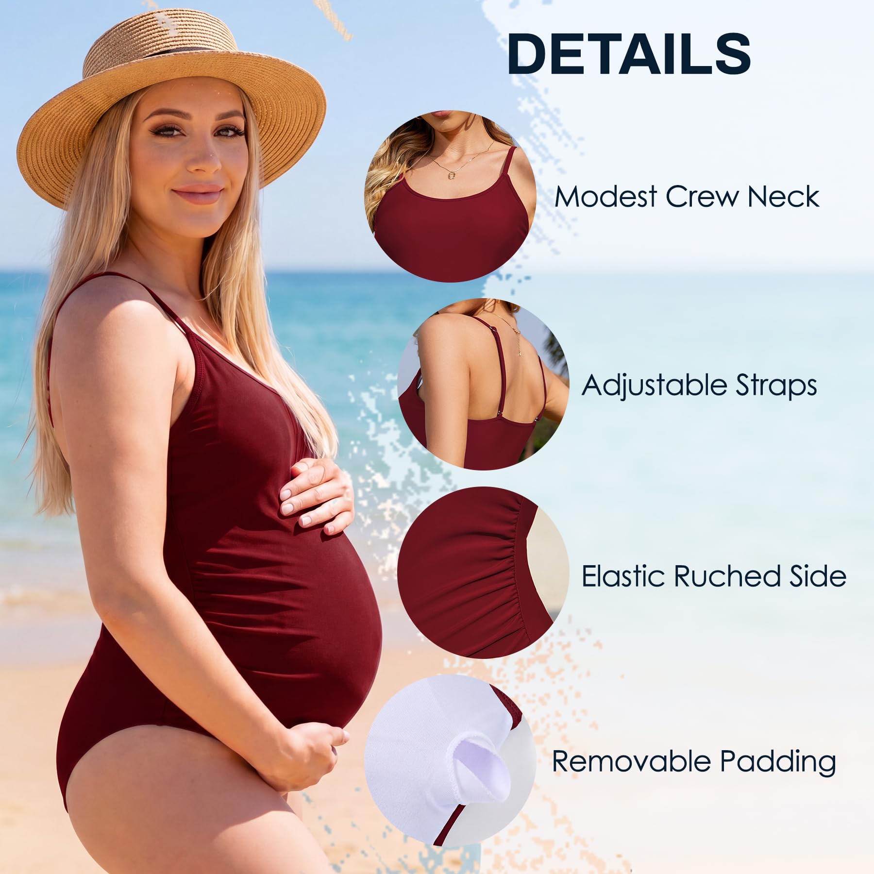 American Trends Costume da bagno premaman di un pezzo costume da bagno premaman girocollo tracolla regolabile costumi da bagno gravidanza, vino, M