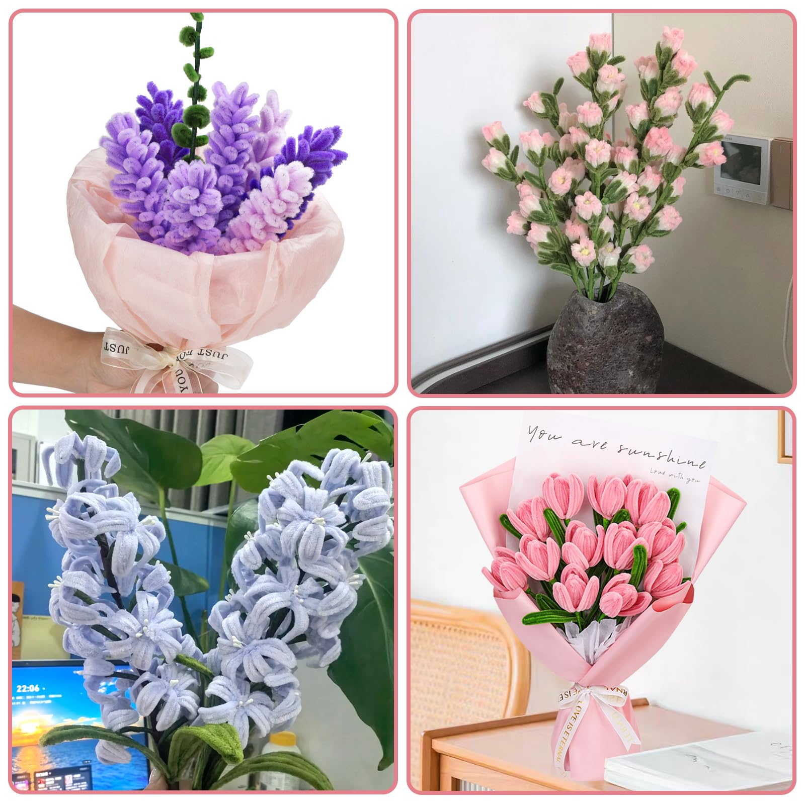 Kit Créatif VEGCOO : 300 Fils Chenille, 2 Floratape Et 20 Tiges Fleurs - Pour Bouquets DIY Et Décoration