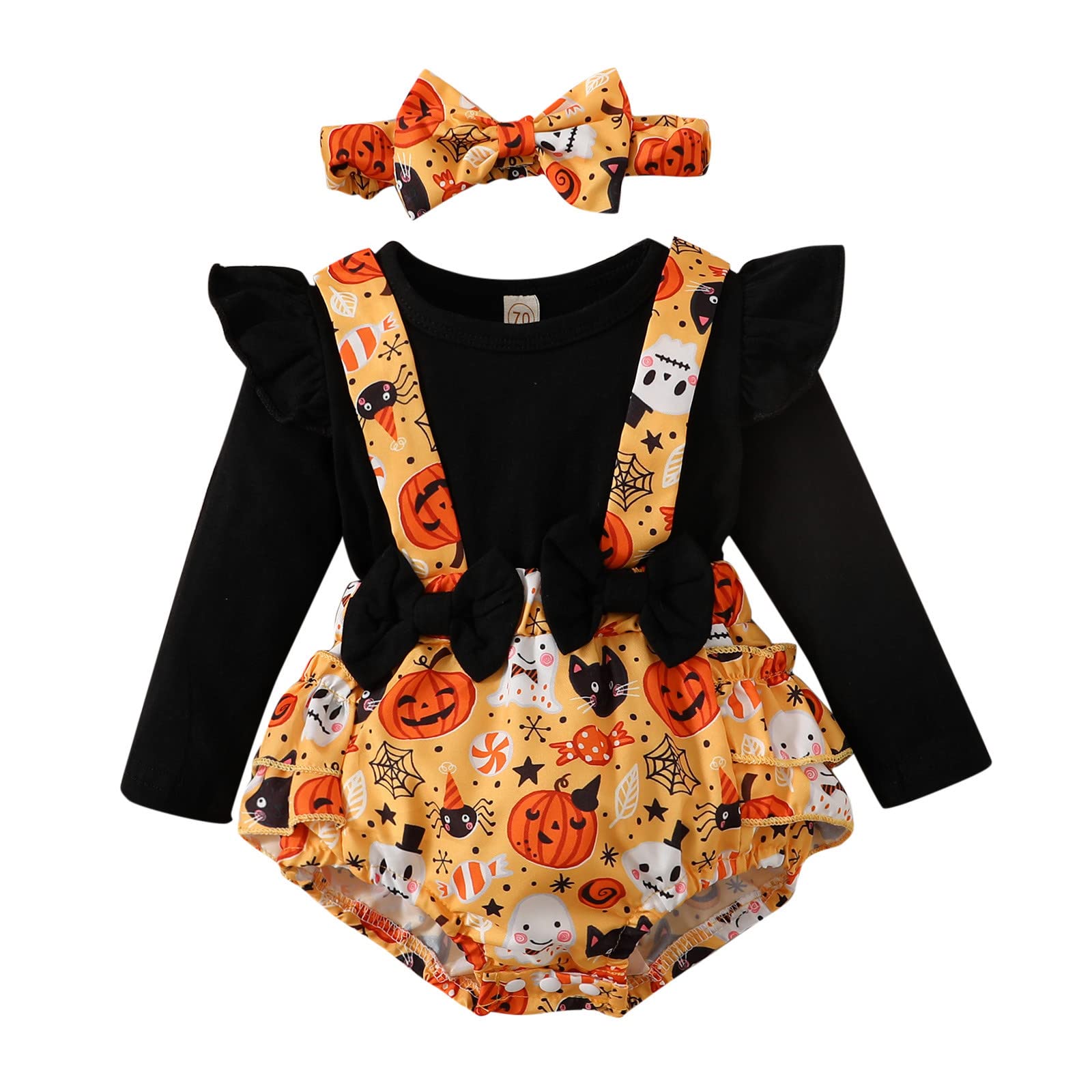 EnJoCho Infant Girls Halloween Ruffles Long Sleeve Cartoon Prints Romper Newborn Bowknot (Black#ERT, 6-9 Months)