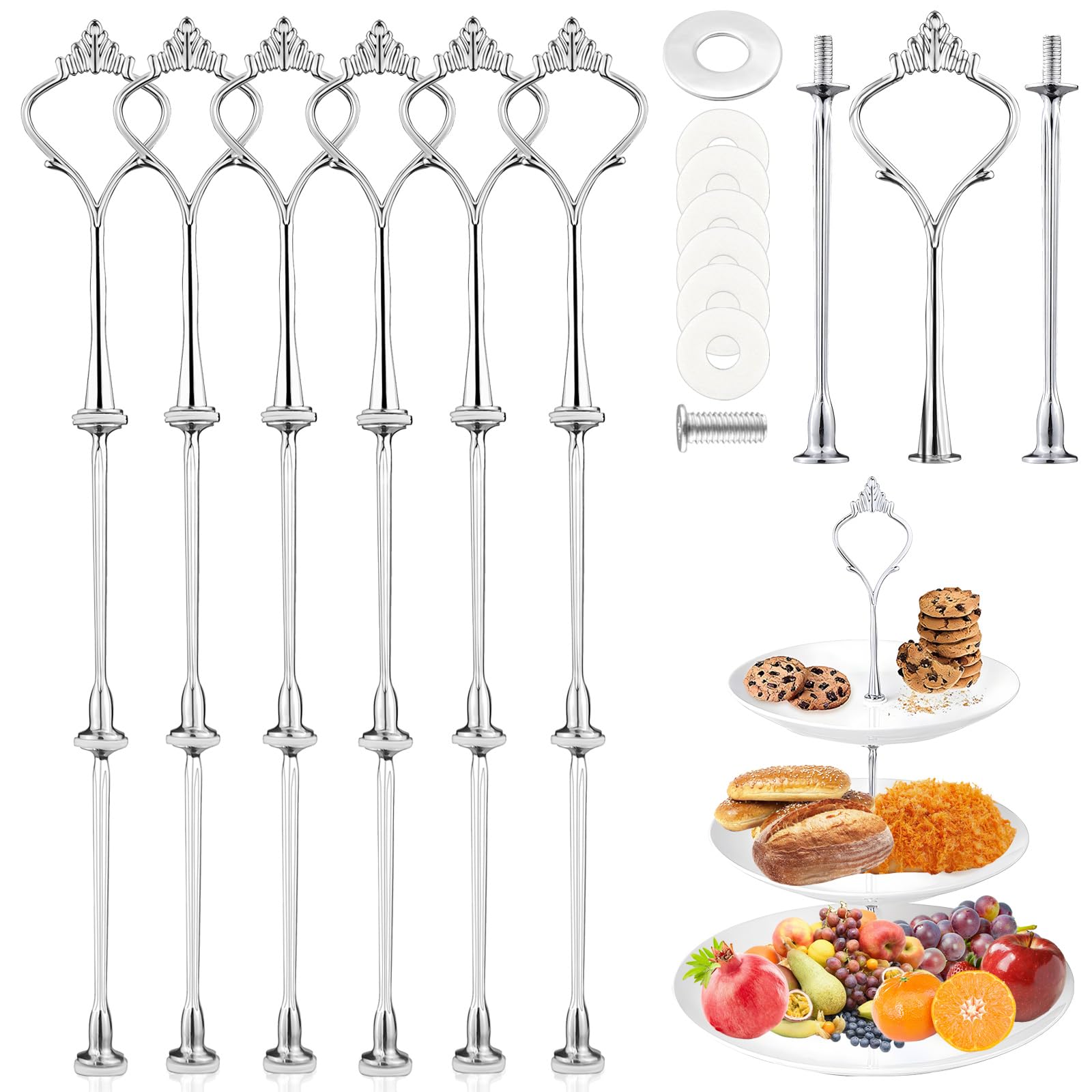 LPZMPZ Supporto per Vassoi Torte a Livelli, Set di 6 Aste per Alzate, Torta Supporto per Vassoi per Torta Nuziale, Aste per Torte in Metallo, per Matrimoni, Feste, Serate e Compleanni(Argento)