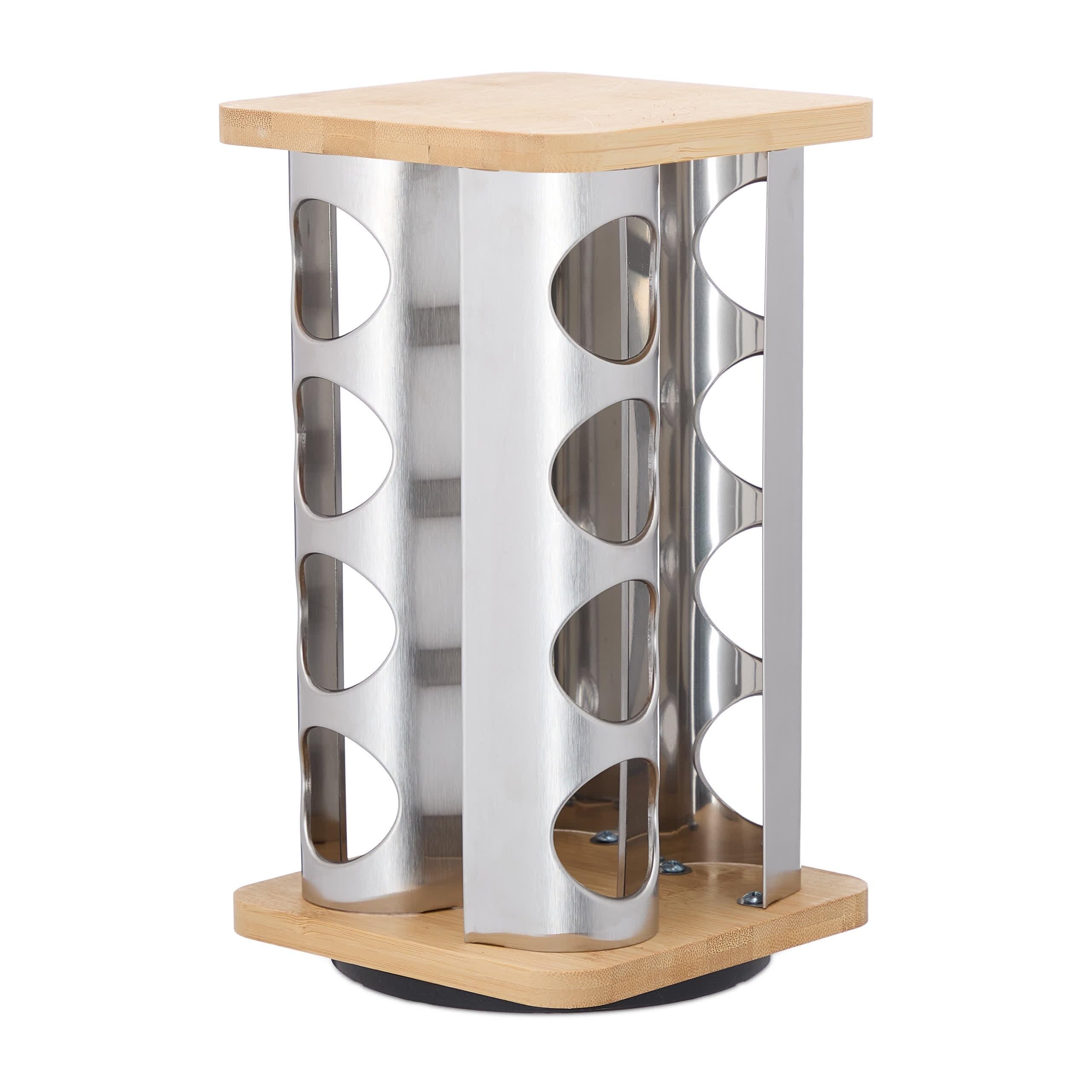 Relaxdays Especiero Giratorio con 16 Botes Especias, Gira 360°, Acero, Bambú, Cristal, 28x20x20 cm, Plateado/Natural