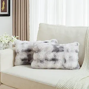 FUTEI Grey White Decorative Throw Pillow Covers 12x20 Inch Set of 2,Soft Fuzzy Faux Rabbit Fur Pillow Case with Raised Texture,Neutral Boho Home Decor for Couch Bed Living Room