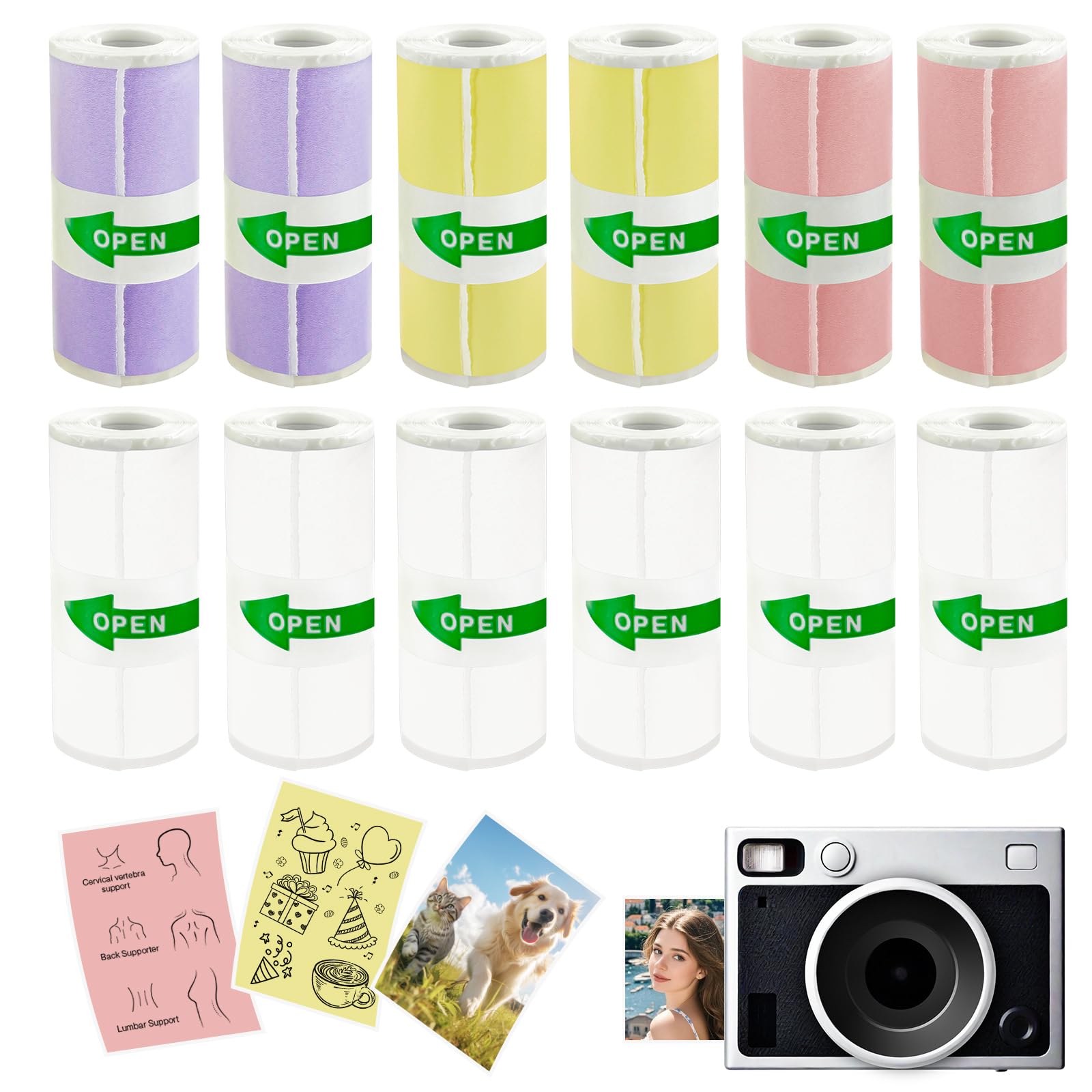 Mini Printer Sticker Paper Roll,12 Rolls Thermal Paper for Children 57 X 25mm,Thermal Printer Sticker Roll for Mini Printers Camera