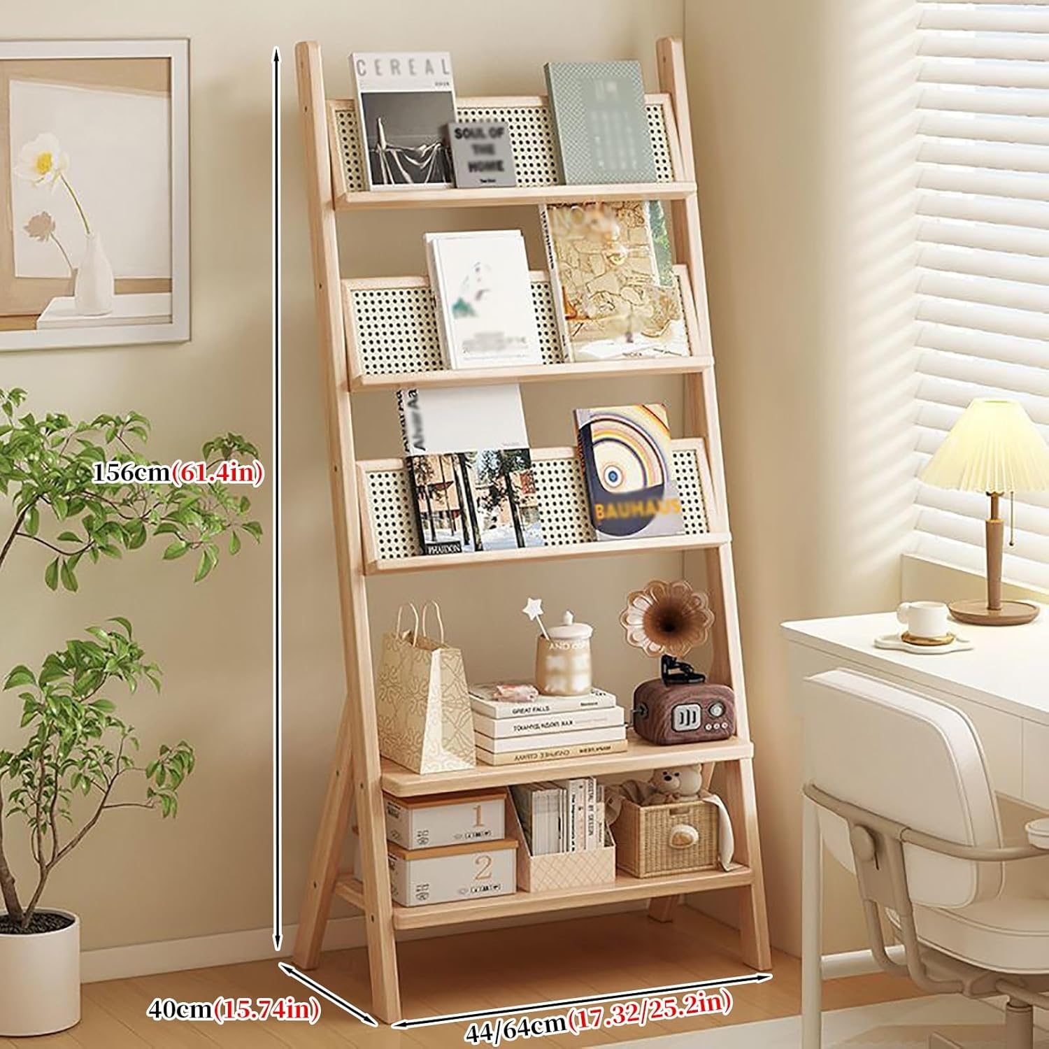 Literature Magazine Rack Floor Standing Display Stand Width 44/64cm 5-layer design Large storage capacity Strong stability Suitable for many occasions(Wood color,64cm)