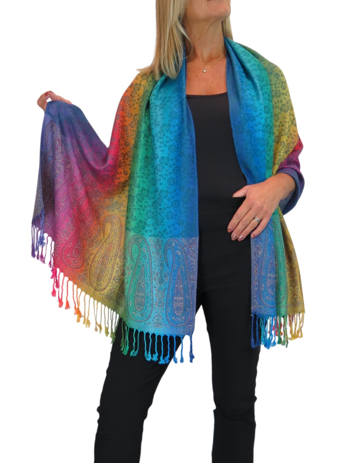 Paulo Due Women's Blue Rainbow Floral Paisley Pashmina Shawl Scarf In