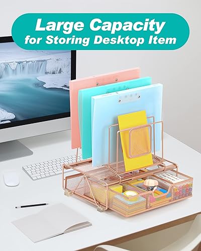 Miniatura 4 de Beiz Organizador de escritorio de oro rosa y almacenamiento de accesorios con 5 carpetas de archivos apilables, bandeja de papel, cajón, juego de 60