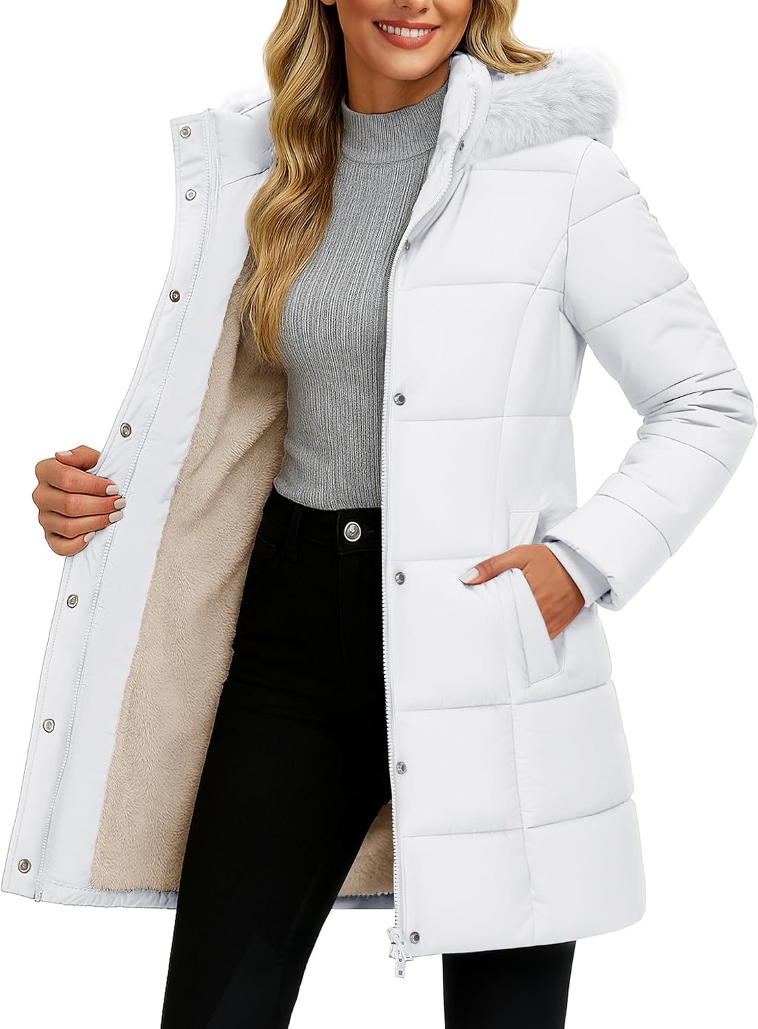 YUCOLEN Long Winter Coats for Women Fleece Lined Sherpa Puffer Jackets with Hood Pockets Zip Warm Thicken Parka Coat - Image 2