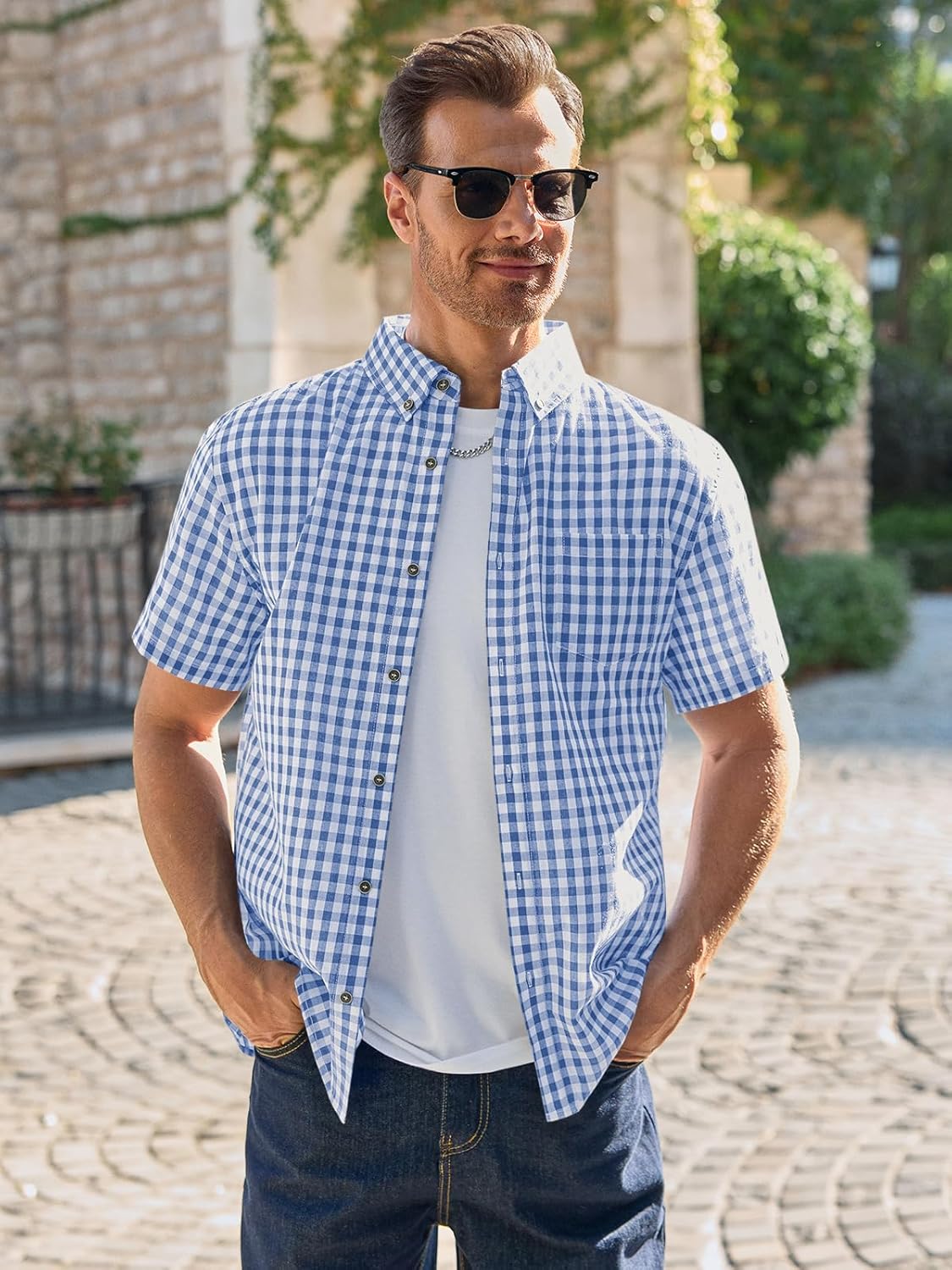 Runcati Mens Plaid Shirt Short Sleeve Button Down Linen Dress Shirt Wrinkle Free Casual Business Summer Work Shirts - Image 2