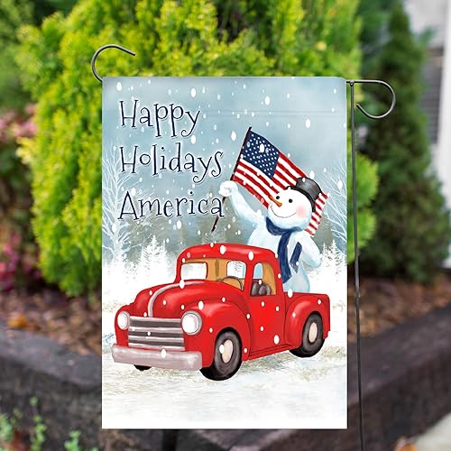 Miniatura 3 de Bandera de jardín de doble cara  Happy Holidays America  12.5 x 18 pulgadas, muñeco de nieve patriótico, decoración navideña con camión rojo,