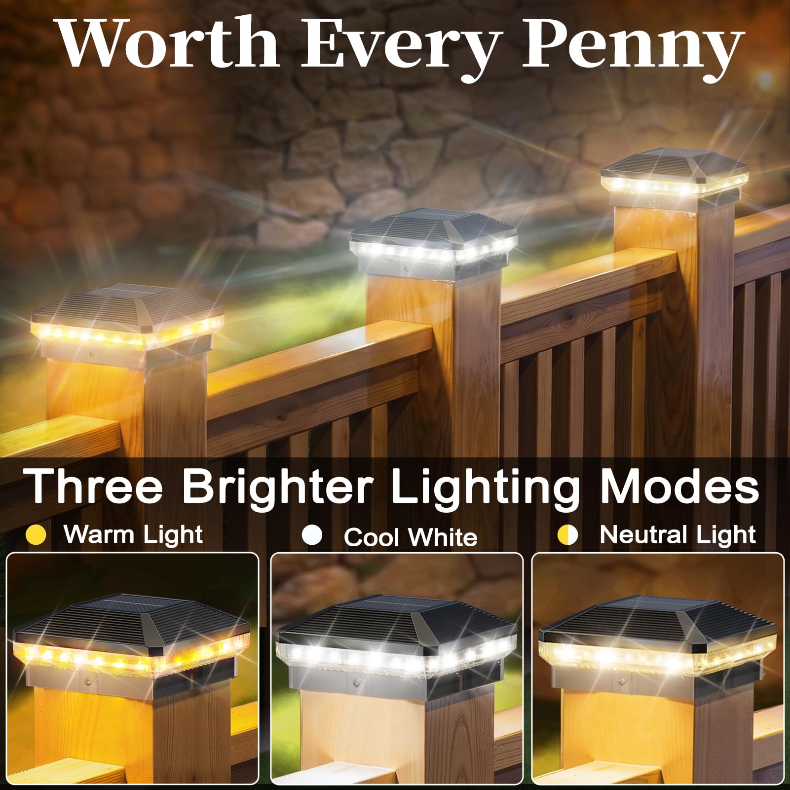 4 Stück Solar-Pfostenkappenleuchten für den Außenbereich, hellere 40 LEDs mit 3 Modi, wasserdichte Deck-Zaun-Pfostenlichter, solarbetrieben für 3,5 x 3,5 und 4 x 4 Holz-/Vinyl-Pfosten