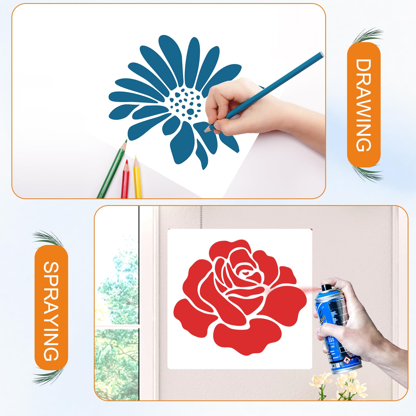 JSRQT 6 Stück Große Blume Schablonen zum Malen von Holz, Wänden, Möbeln und Stoffen, Rosen Gänseblümchen Sonnenblumen Malschablonen für Gartenzäune, DIY-Dekoration, 30cm