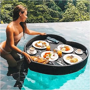 Luxury Floating Serving Tray Pool Tray Table, 85X82X20Cm Floating Tray for Pool, Heart-Shaped Serving Table Rattan Woven Floating Food and Drink Holder for Parties, Outdoor Bar Co