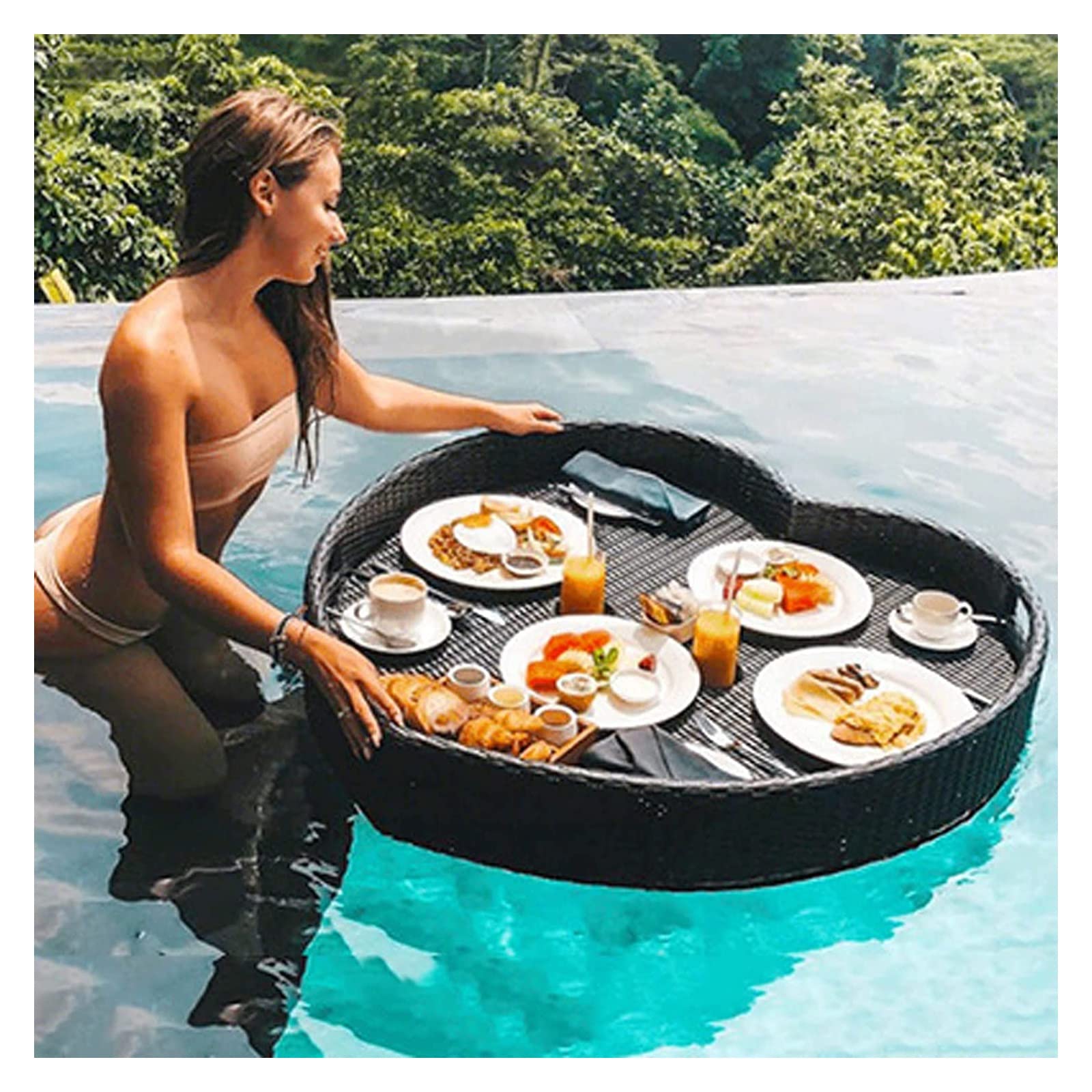 Rattan Floating Tray Table, Rattan Pool Serving Tray, Multicolor, 85x82x20cm, Heart-Shaped