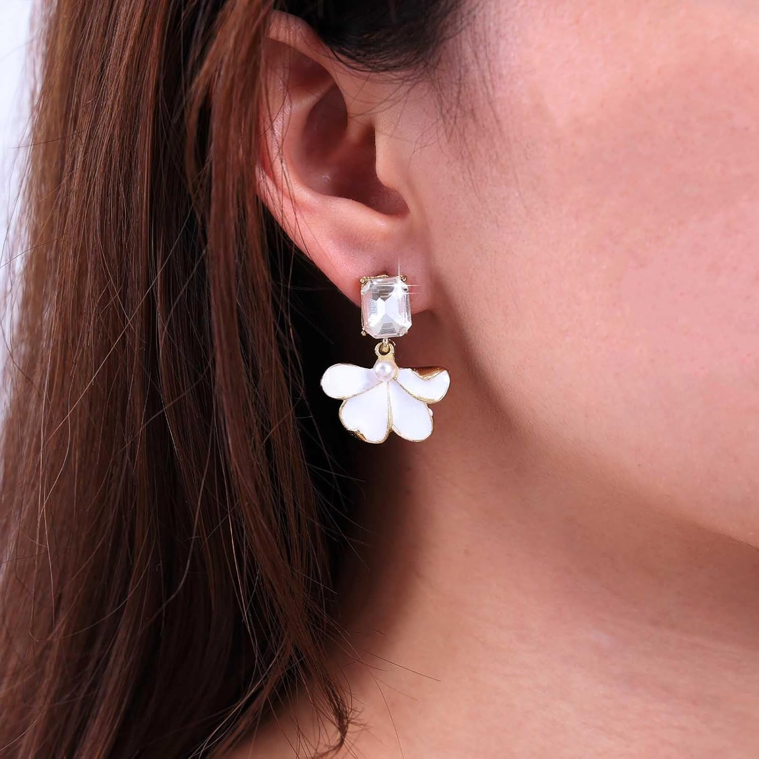 Boho White Acrylic Flower Drop Earrings Enamel Flower Dangle Earrings Cz Square Stud Earrings Flower Petal Earrings Wedding Flower Earrings Jewelry for Women - Image 2