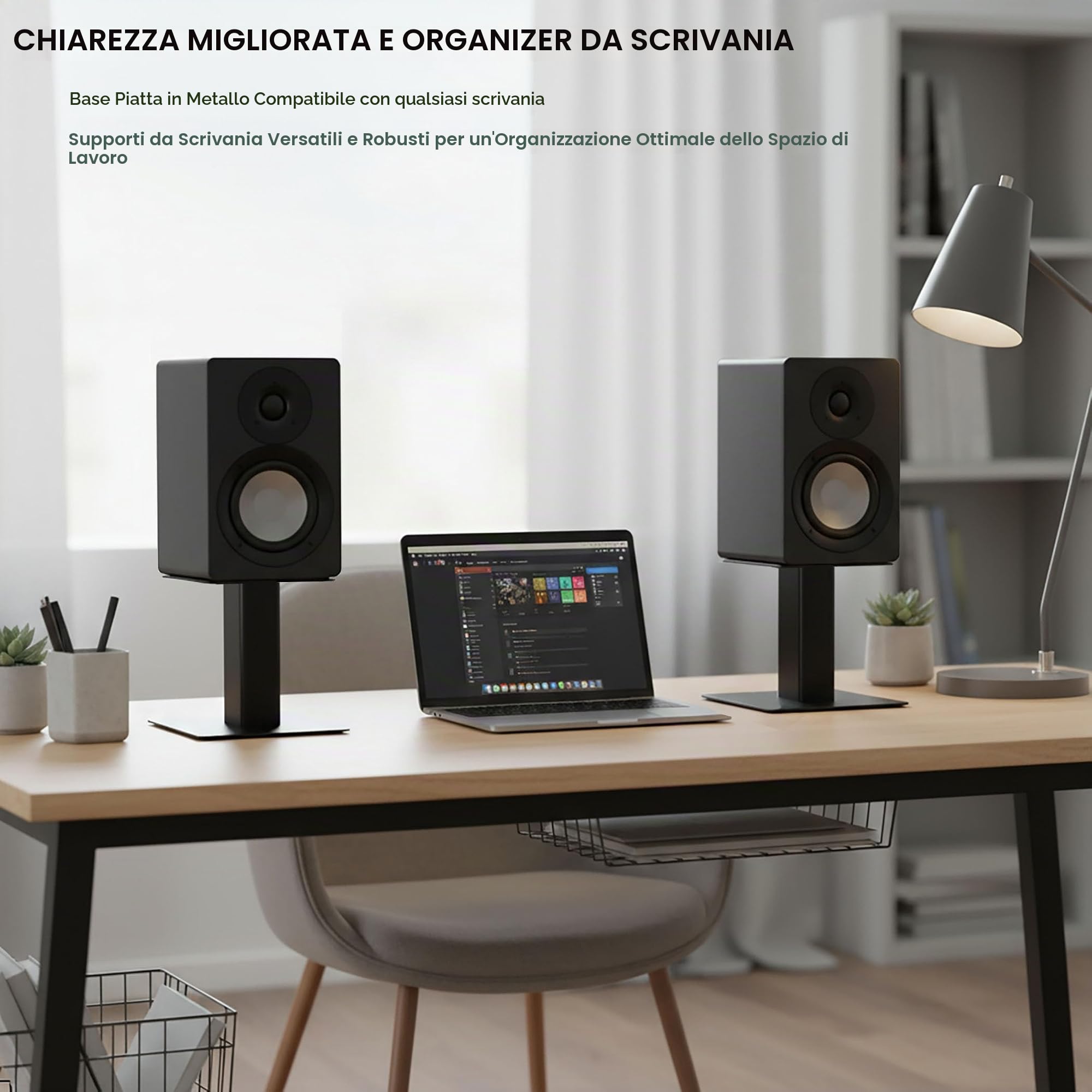 Supporti per Altoparlanti da Scrivania (Coppia) - Robusto Vassoio Metallizzato Imbottito da 17,8 x 17,8 cm, Base Piatta Resistente per Monitor da 4" a 7" e Altoparlanti da Mensola, Supporto per