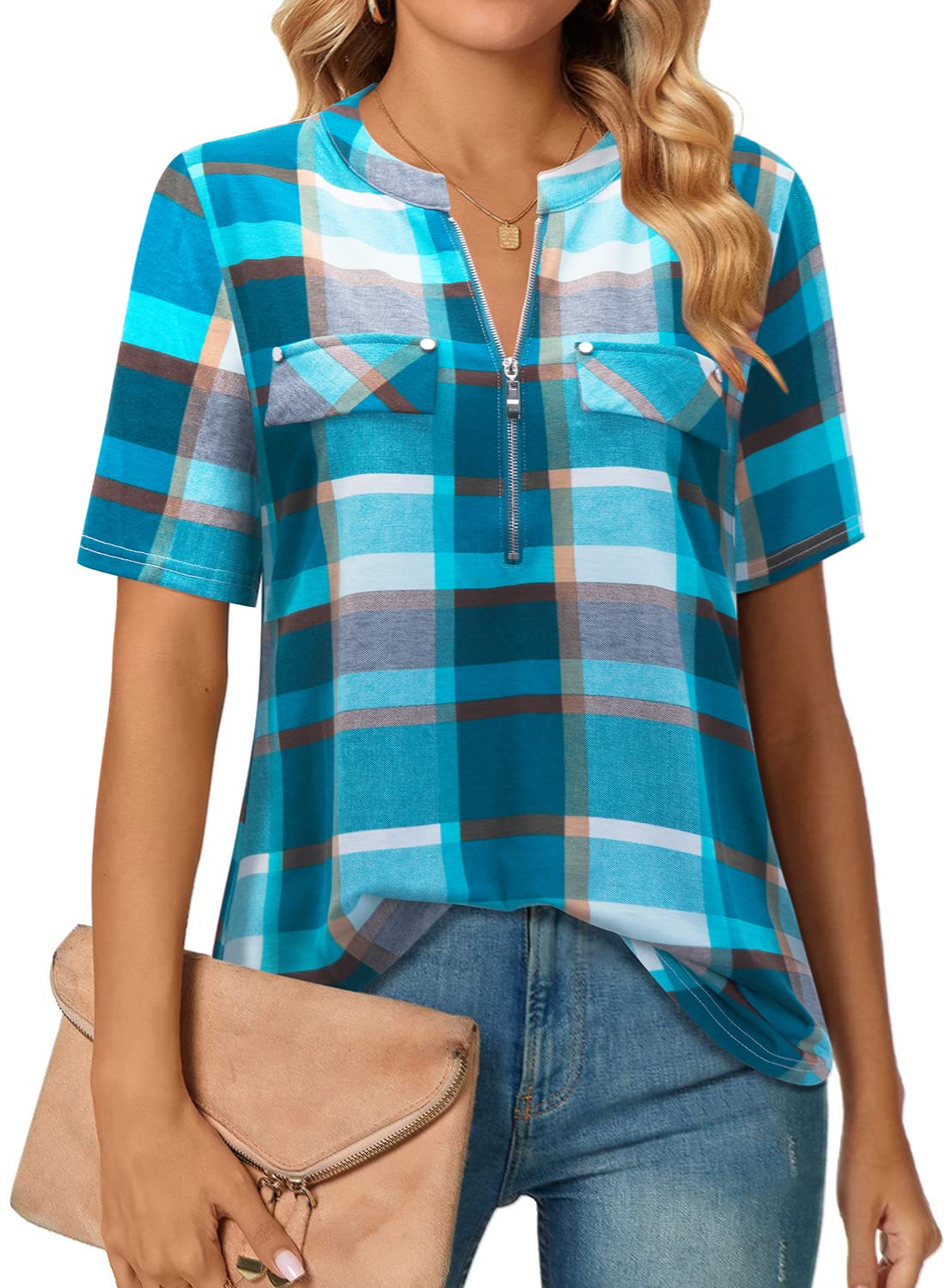 Amrto Damen V-Ausschnitt Shirts Kurzarm Casual T-Shirt Bluse mit Reißverschluss Sommer Tunika Tops Oberteil Locker Lässig
