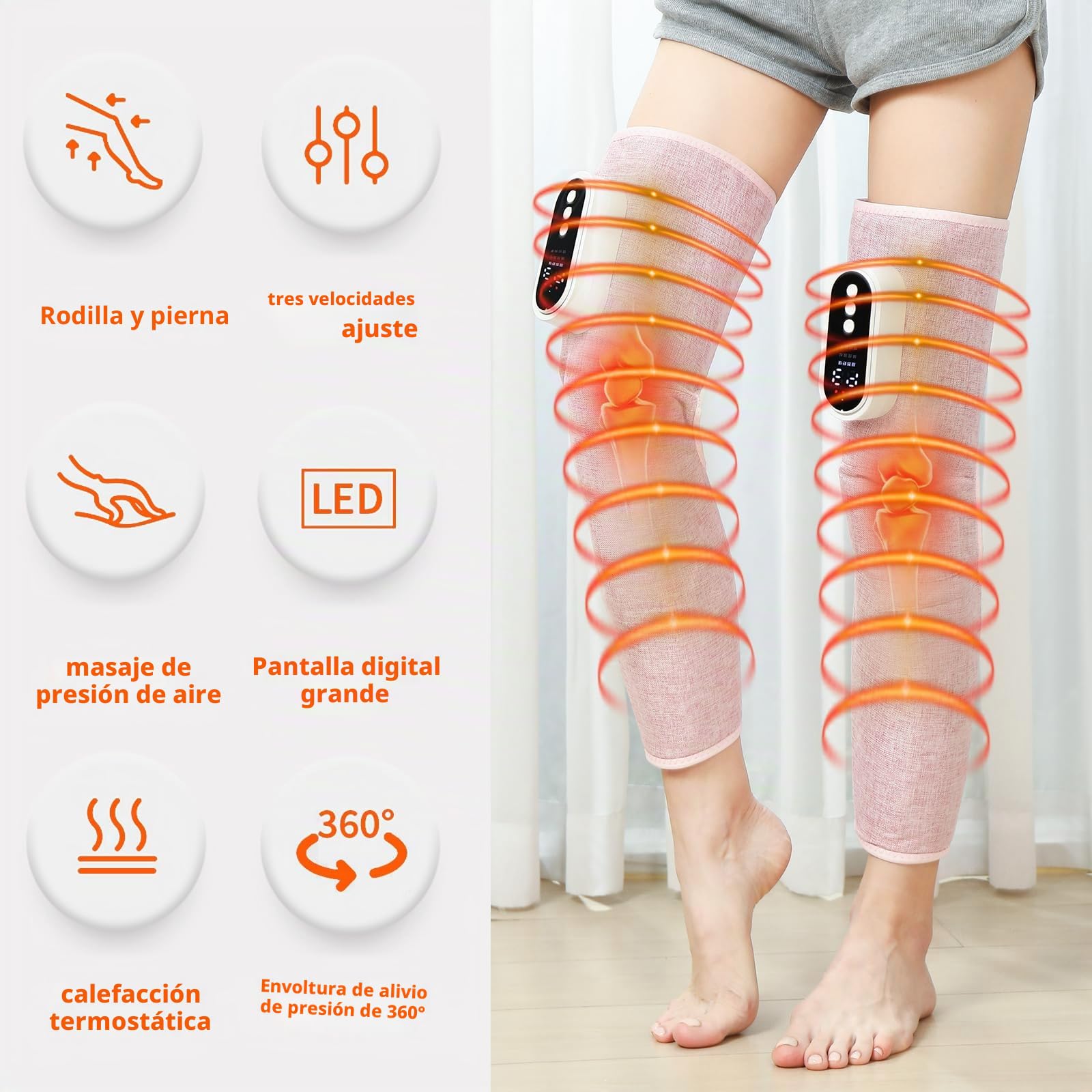 Masaje de Piernas Presoterapia, Masajeador de piernas con masajeador de pantorrillas térmico,3 Modos 3 Intensidades,Alivia Piernas Cansadas, Relaja y Mejora la Circulación,Ajustable （Pink Single）