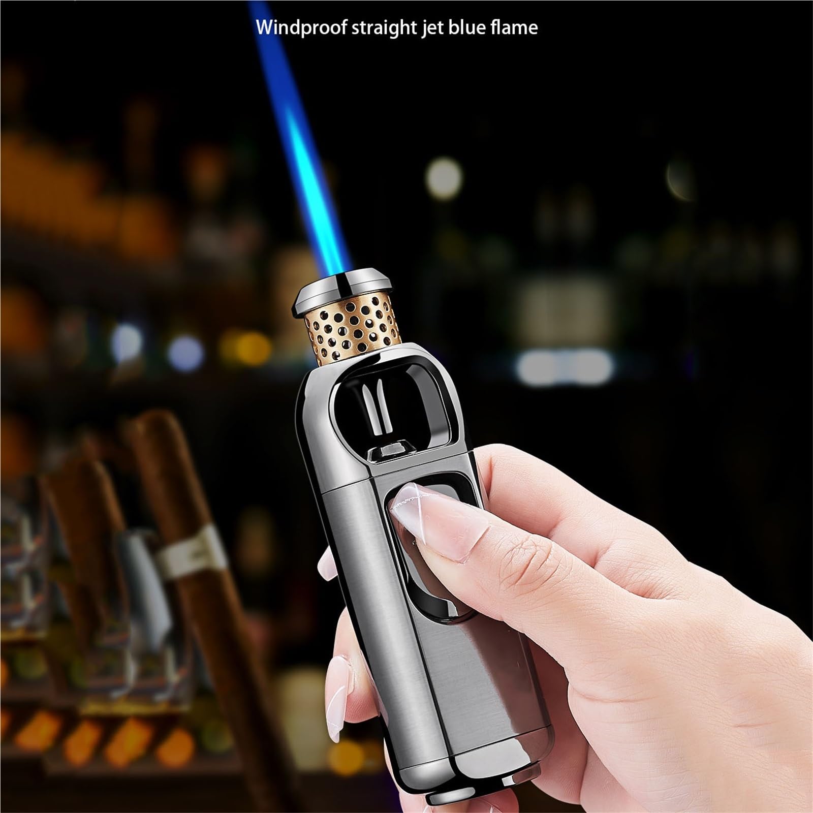 Encendedor de butano, resistente al viento, portátil, de metal, llama ajustable, gas butano reciclable, ideal para uso personal o regalo, diseño de inyección directa