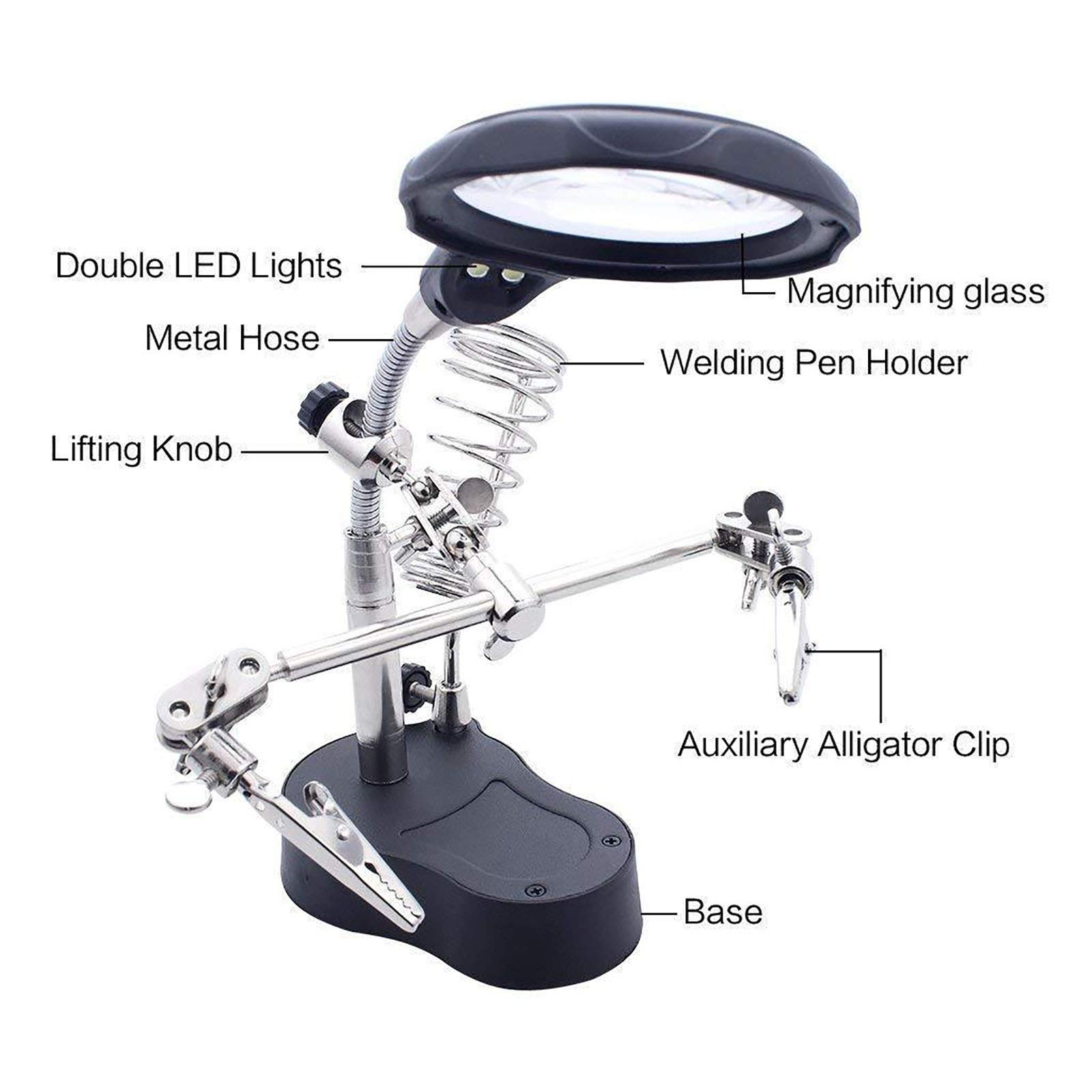 LED Light Helping Hands Magnifier Soldering Station, Magnifying Glass Stand with Auxiliary Clamp and Alligator Clips, Small Project Station for Handicraft, DIY, Repair