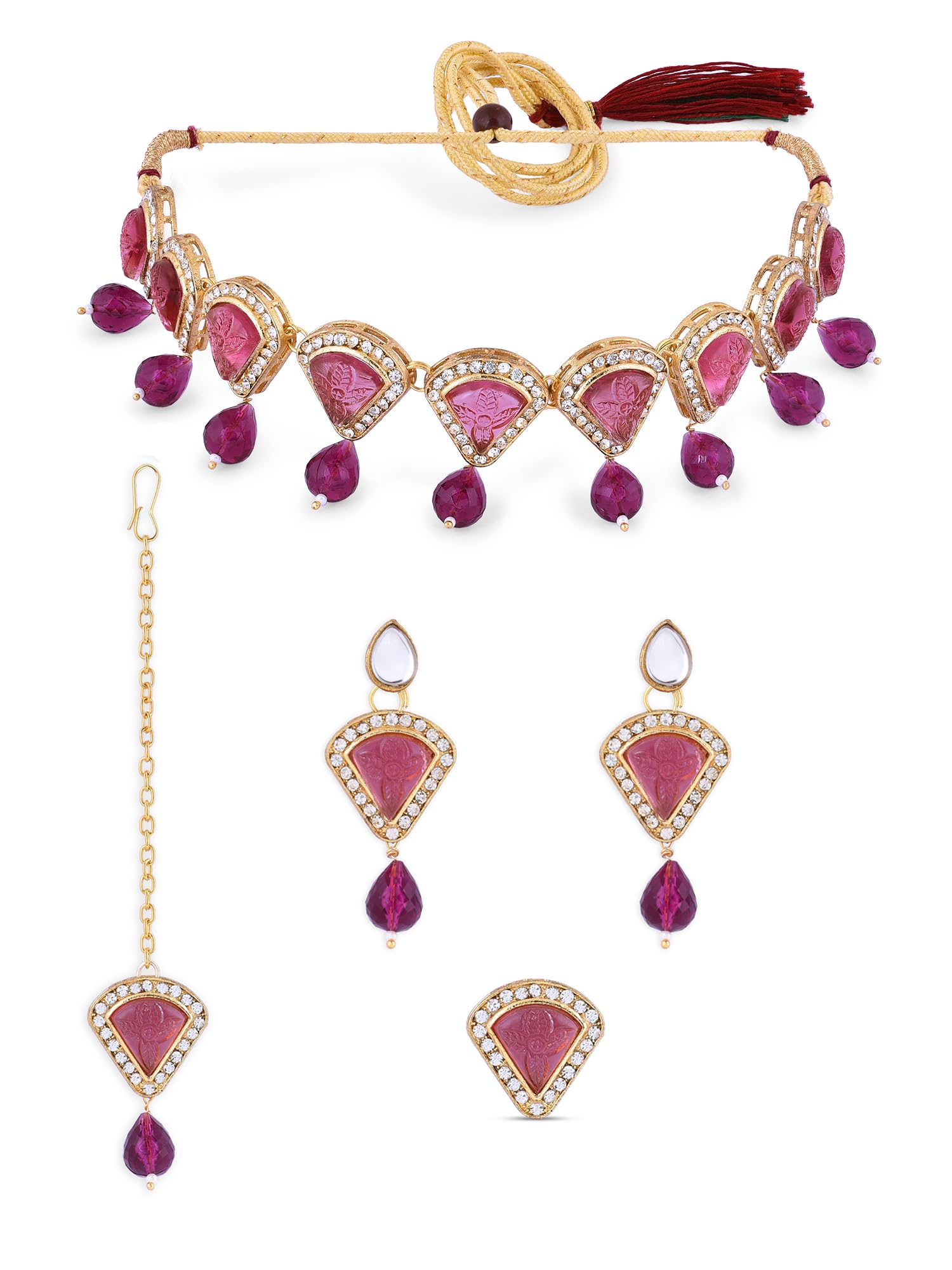 ZAVERI PEARLS Wine Colour Artificial Stones & Beads Ethnic Choker Necklace Earring Ring & Maangtikka Set For Women -ZPFK16405 (B0CGHWNHKX) Amazon Price History, Amazon Price Tracker