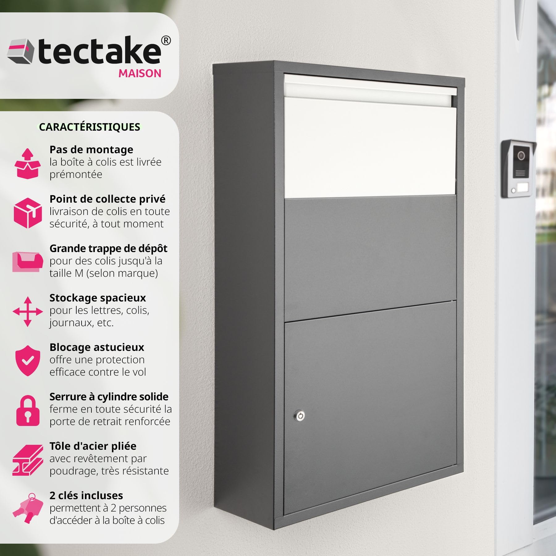 tectake® Boîte aux Lettres avec Compartiment pour Colis, Boite aux Lettres normalisée résistante avec avec clapet de sécurité, Livraison 24h Possible, Fixation aux Mur - 44 x 22 x 82 cm