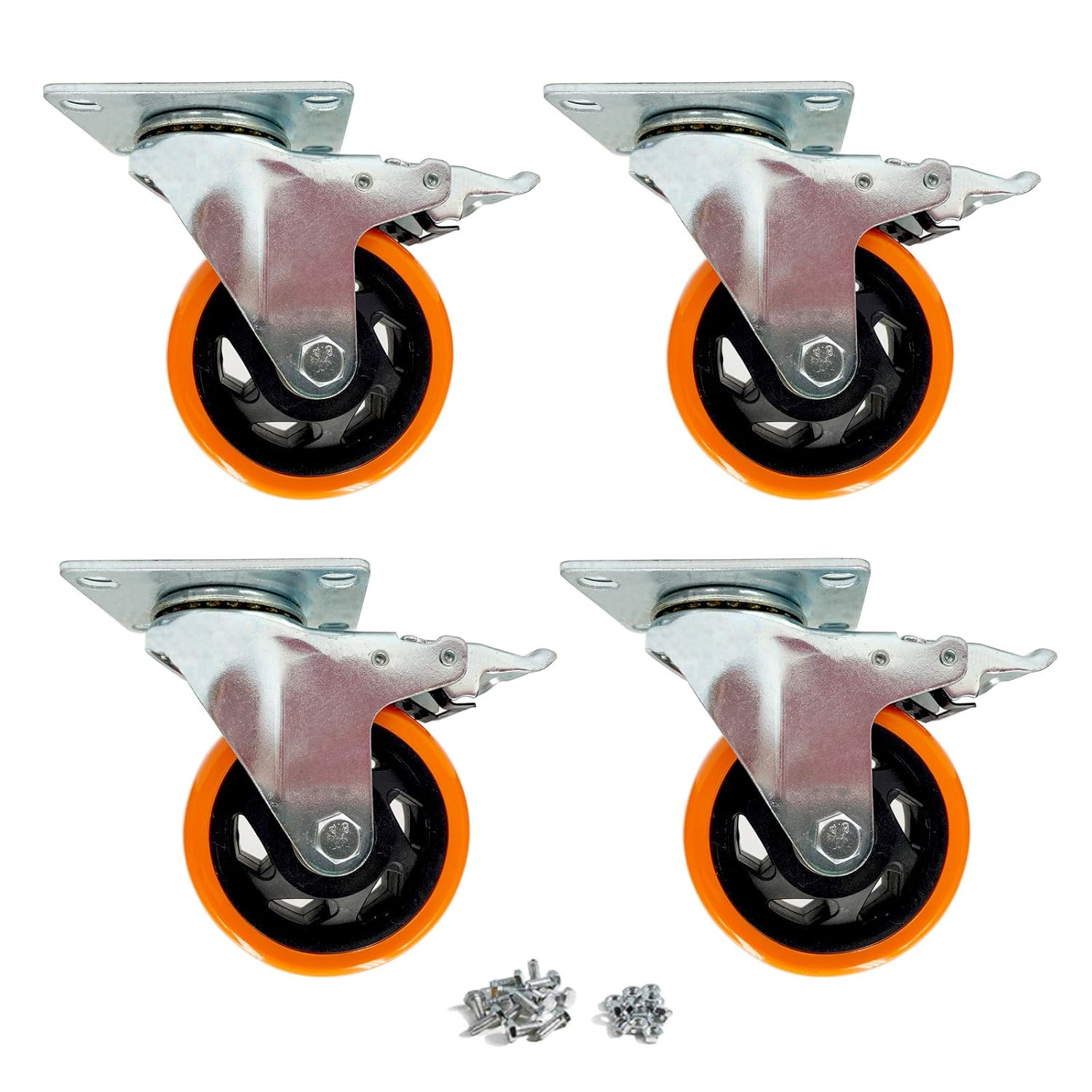 YeMI 5 Inch Plate Swivel Caster Wheels with Brake, Heavy Duty Rubber Castors with Plate for Furniture, Workbench, Cart, Trolley-2200 Lbs Work Load Orange (5''Silver with Brake): Industrial & Scientific