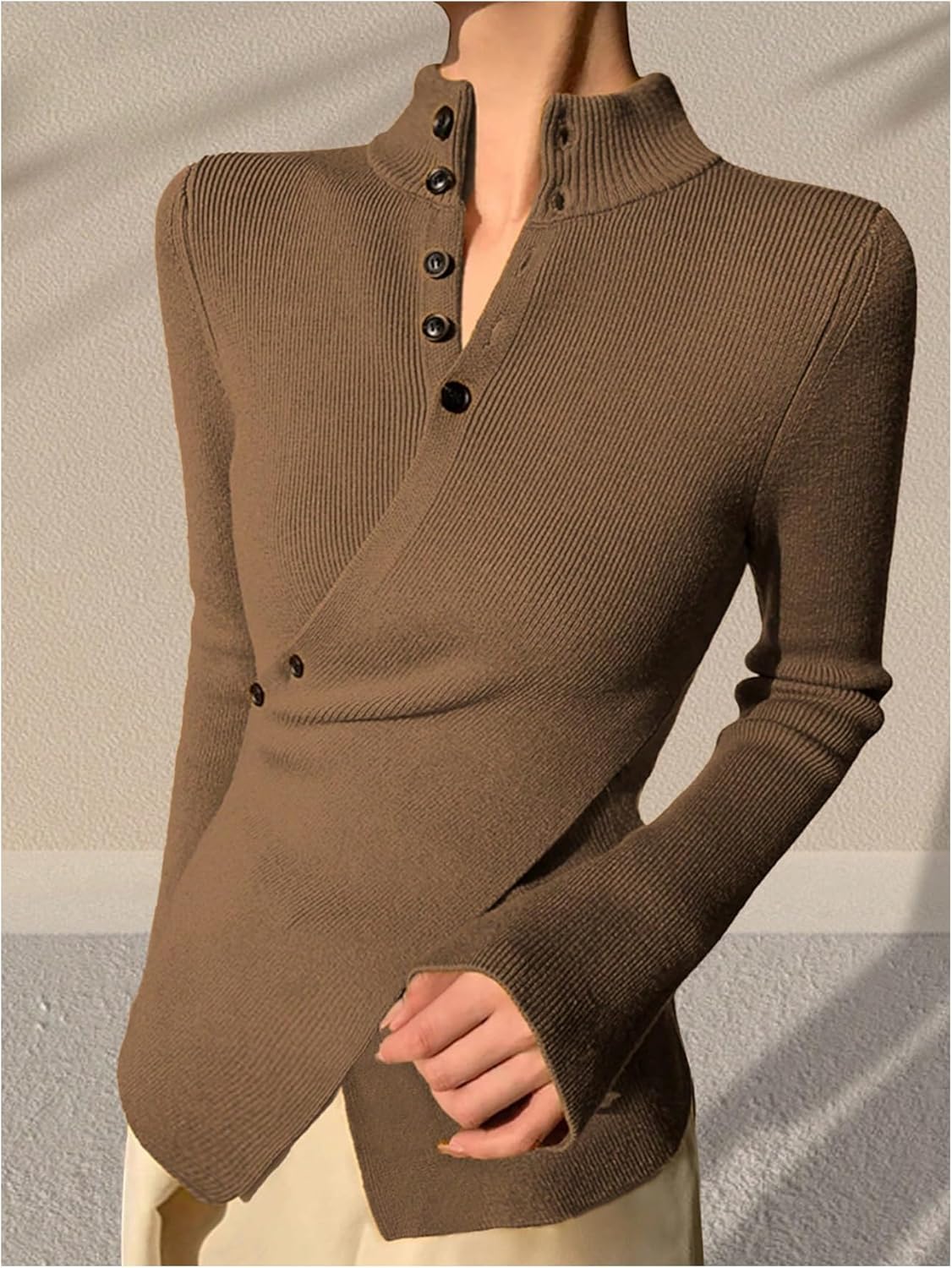 SweatyRocks Women's Criss Cross Wrap Sweaters Long Sleeve Fitted Knit Cozy Pullover Winter Tops Coffee Brown Large - Image 2