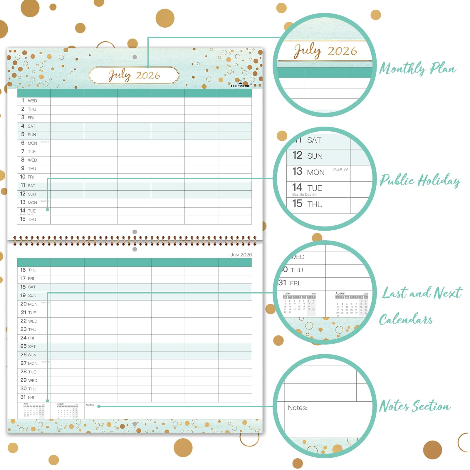 Calendario Familiare 2026 - Calendario 2026 da gennaio 2026 - dicembre 2026, 42,2 x 29,7 cm, Calendario da Parete 2026 con 6 Colonne, Perfetto Pianificatore Familiare - Verde Pastello