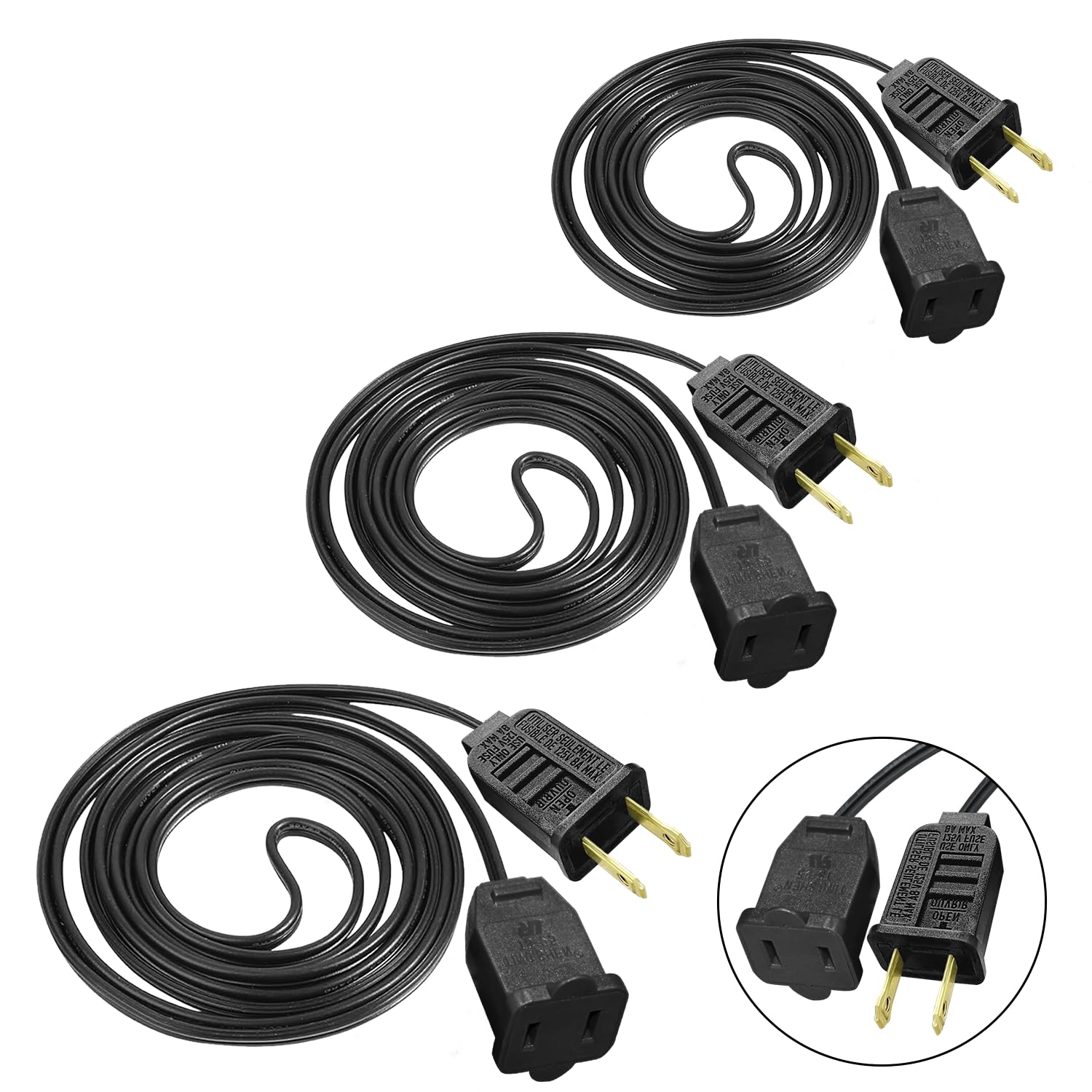 3 Pack Black Extension Cord 6 Feet Waterproof, 2 Prong Extension Cords with 2 Pole Brass Straight Blades Polarized Plug Short Extension Cords, for