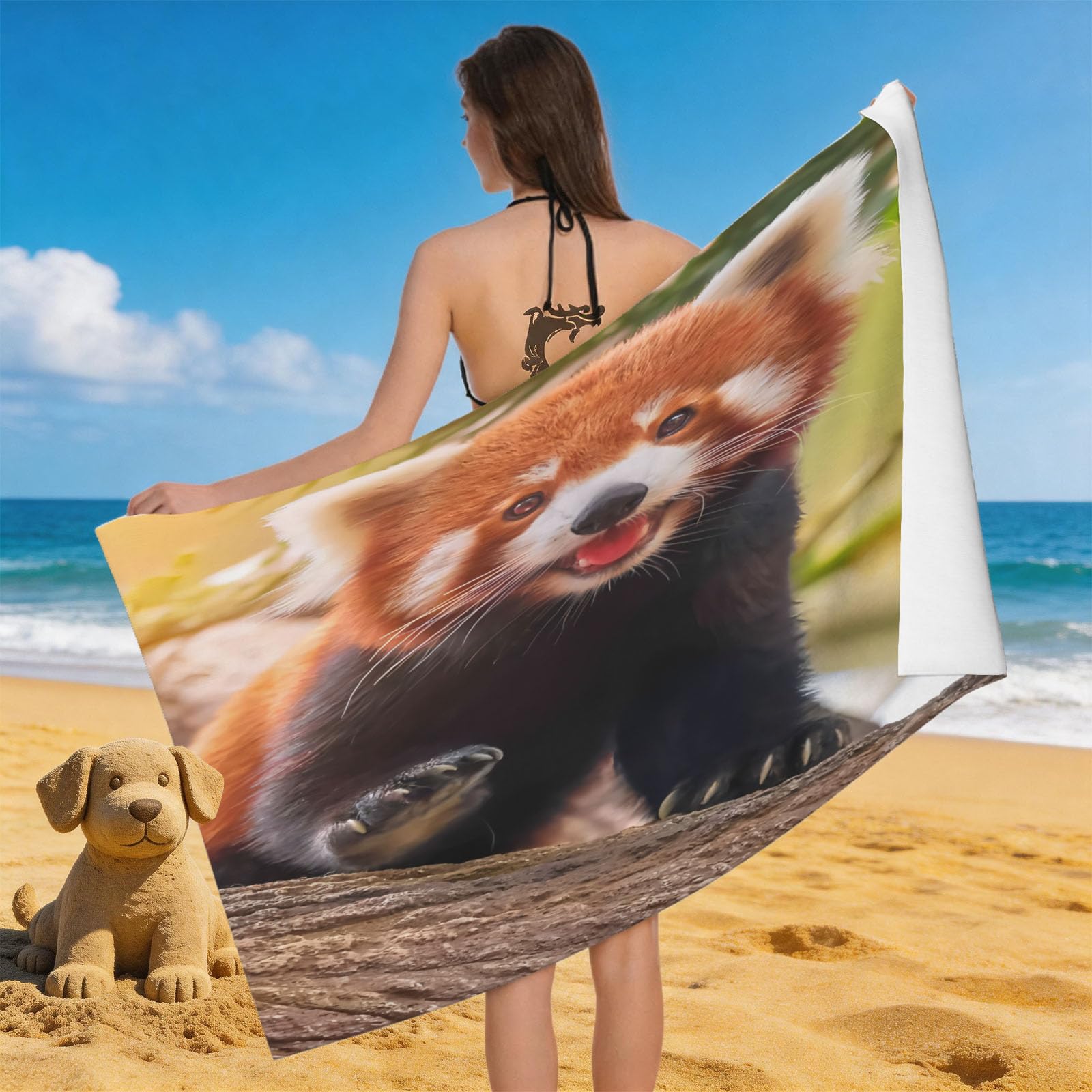 Leichong 3D Little Panda Beach Towel Large Microfiber Soft Quick Dry for Adults, Cute Animals Bath Towel Lightweight Soft Absorbent for Travel Swimming Pool Sports, 80 x 160 cm