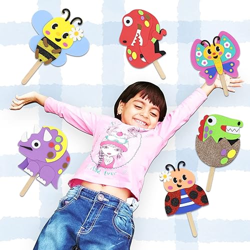 Miniatura 6 de VKPI Haz 6 marionetas de palillos para niños, manualidades de espuma, juguetes de tiempo de cuentos para niños mayores de 4 años, dinosaurios,