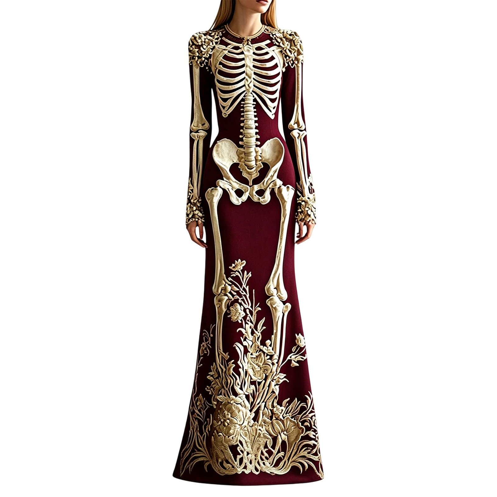 Halloween Costumes for Women Adult Skeleton Costume Long Sleeve Goth Evening Dress Ladies Plus Size 3D Digital Print Floral Maxi Dresses Fashion Womens Halloween Party Cosplay Costume