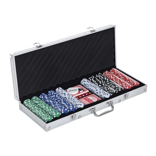 HOMCOM Maletín de Poker Profesional de Aluminio con 500 Fichas Juego Set de Poker Casino con 5 Dados 2 Barajas de Cartas y 1 Ficha de Crupier 55,5x22x6,5 cm Multicolor