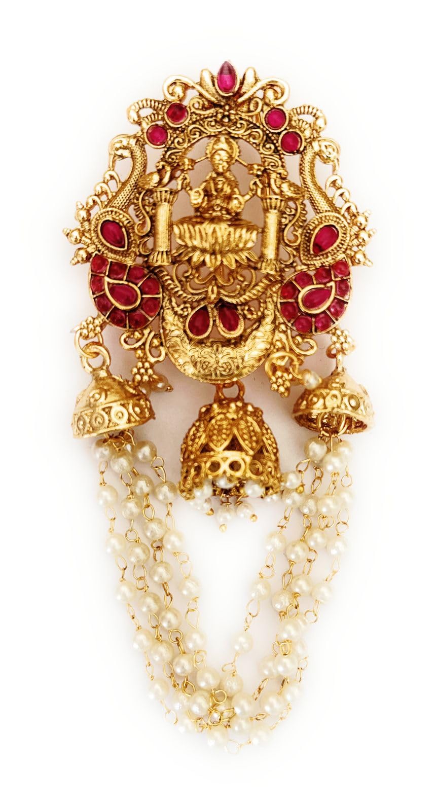Medium Size Latest Antique Gold Color Jada Billalu for Hair Traditional Wedding Hair Accessories Party Jada Billa Ruby Red Color Stones Pearls Chains Hanging Fancy Bridal Hair Pins Stylish Back Clips Bun Pins Center Clips Kids Girls Children Women (Pack of 1)-image-48