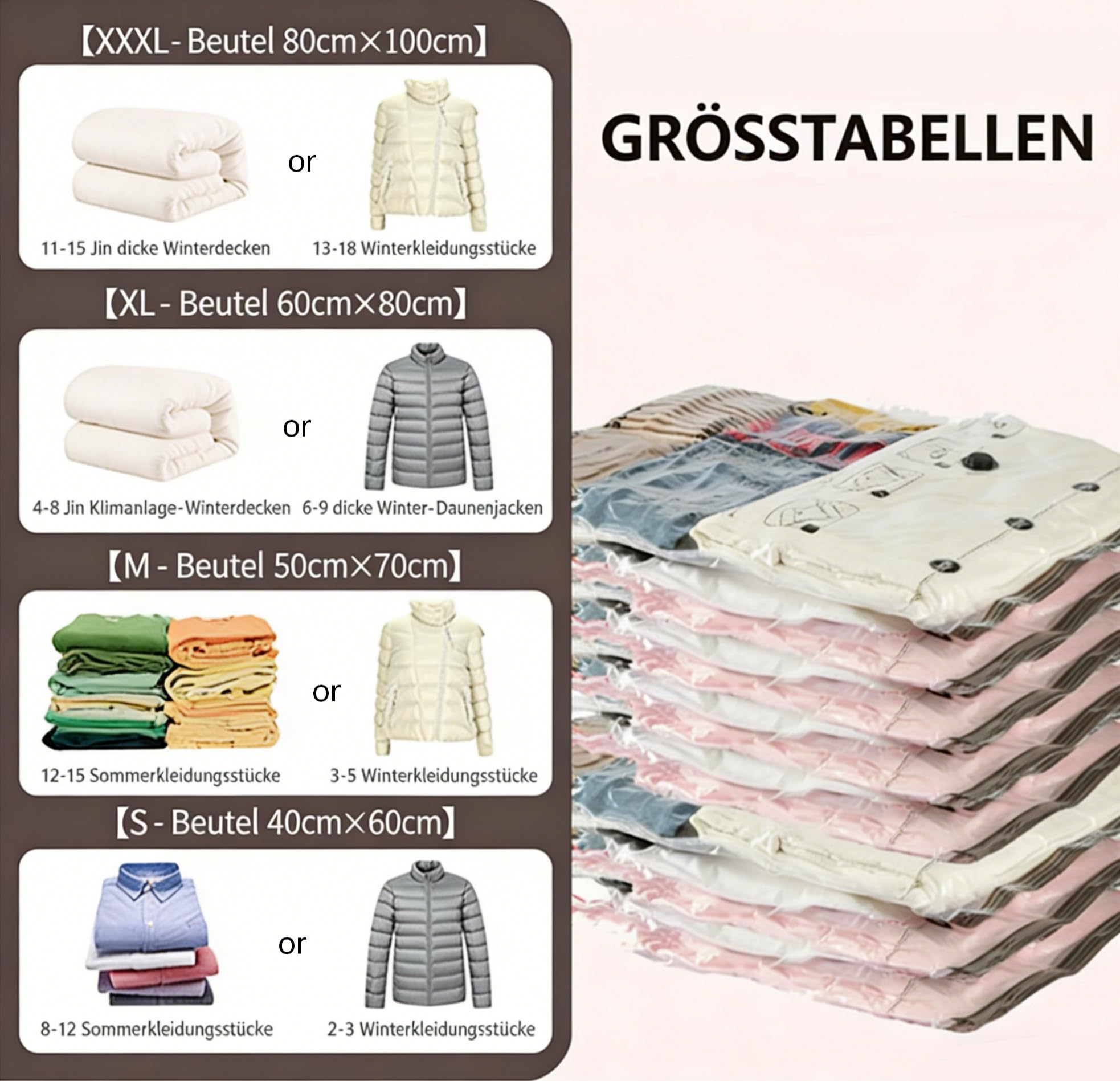 Vakuum-Aufbewahrungsbeutel, 8 Stück Beutel mit Handpumpe, Platzsparende Kompressionsbeutel für Kleidung, Kissen, Bettdecken, Decken, Reißverschluss, Klar